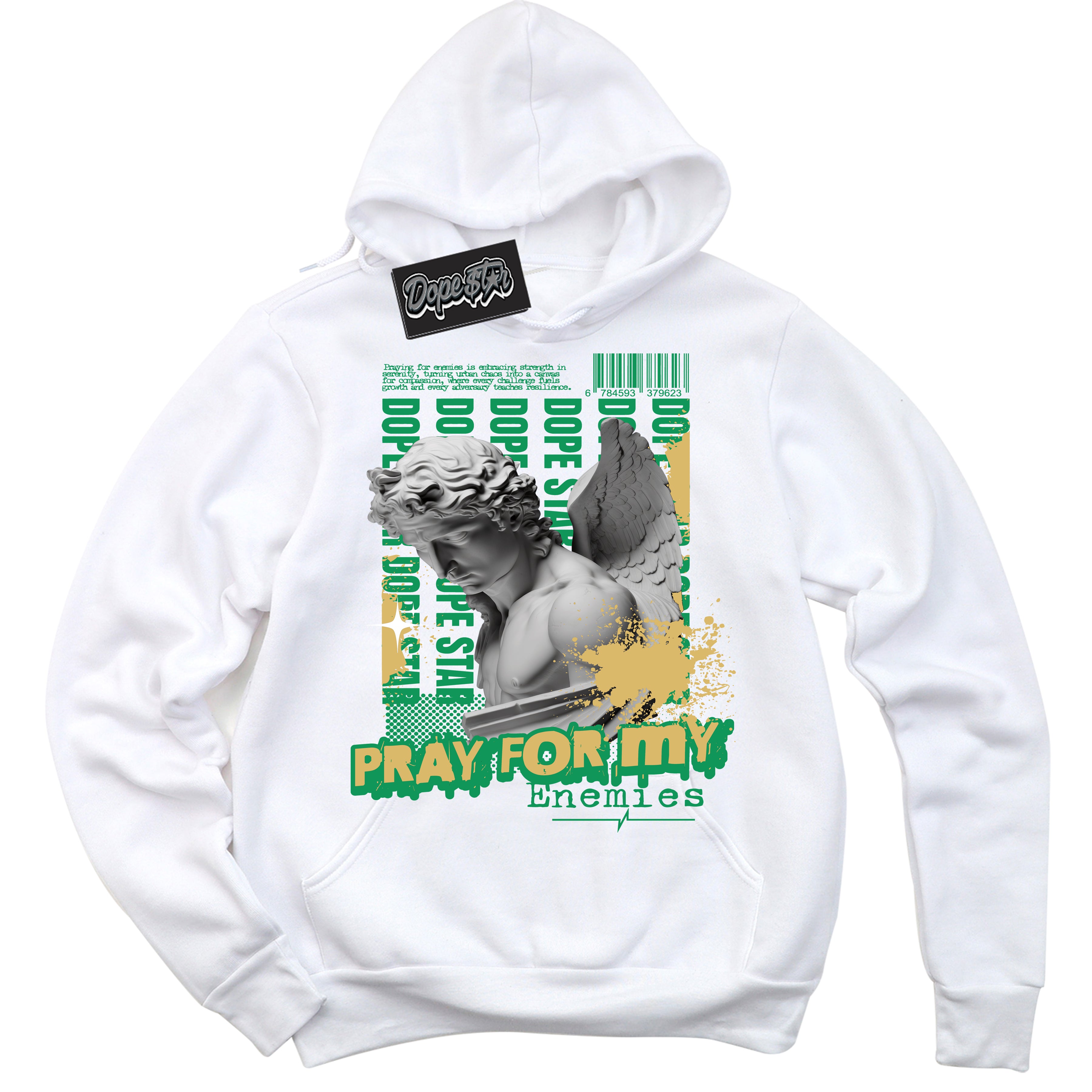 Cool White Hoodie with “Pray Enemies” design that Perfectly Matches Method of Make Lucky Green 1s Jordans.