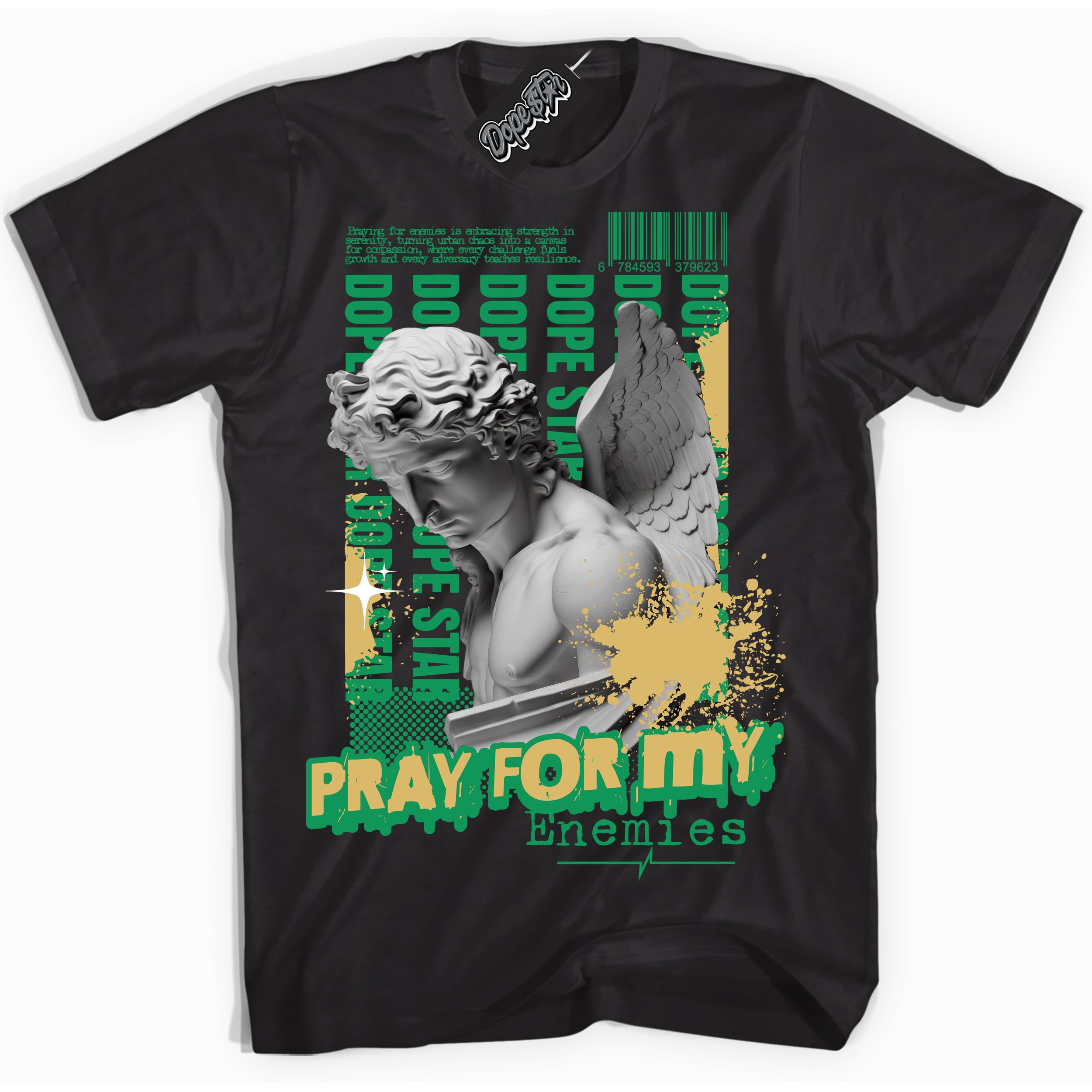 Cool Black Shirt with “Pray Enemies” design that perfectly matches the Method of Make Lucky Green 1s Jordans.