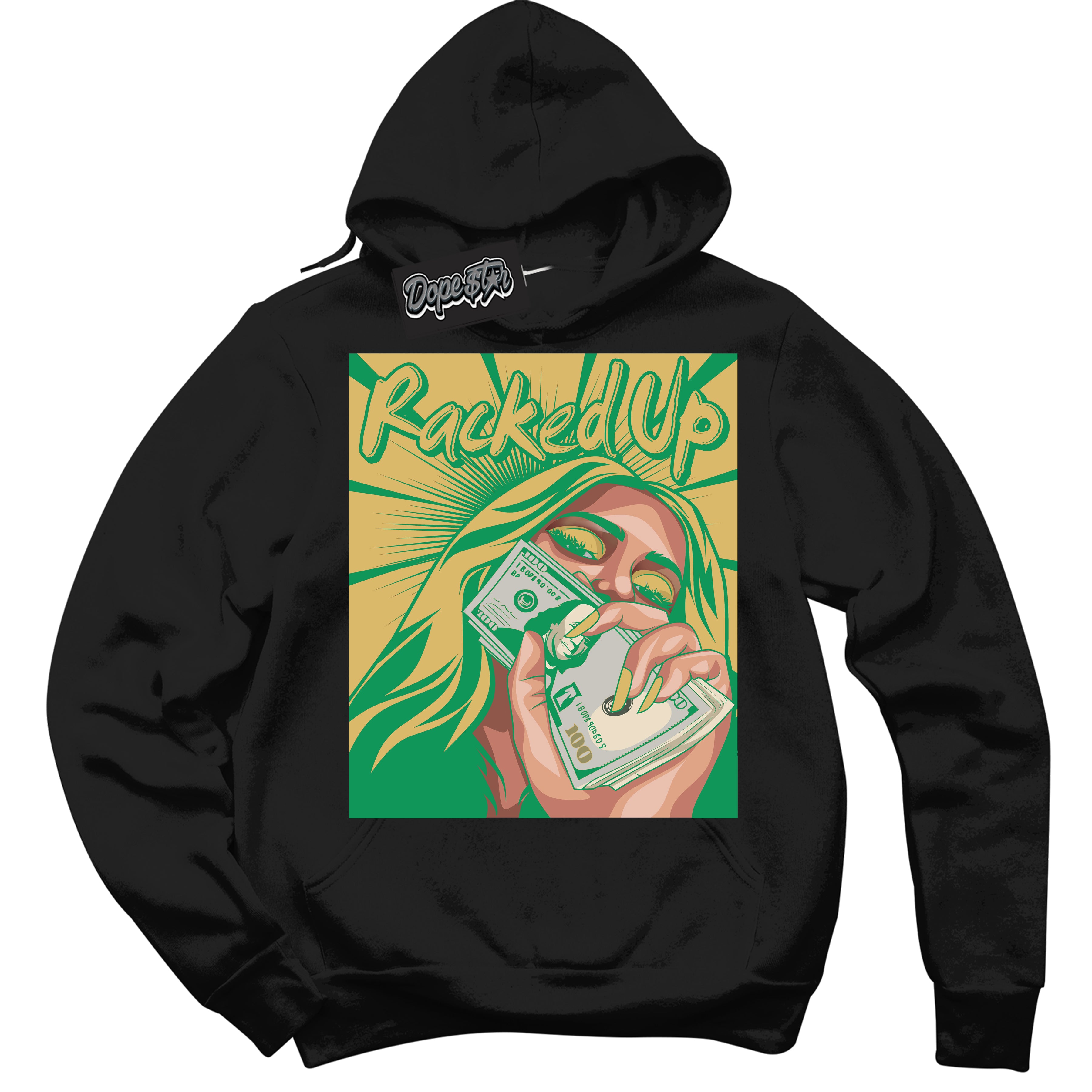 Cool Black Hoodie with “Racked Up” design that Perfectly Matches Method of Make Lucky Green 1s Jordans.