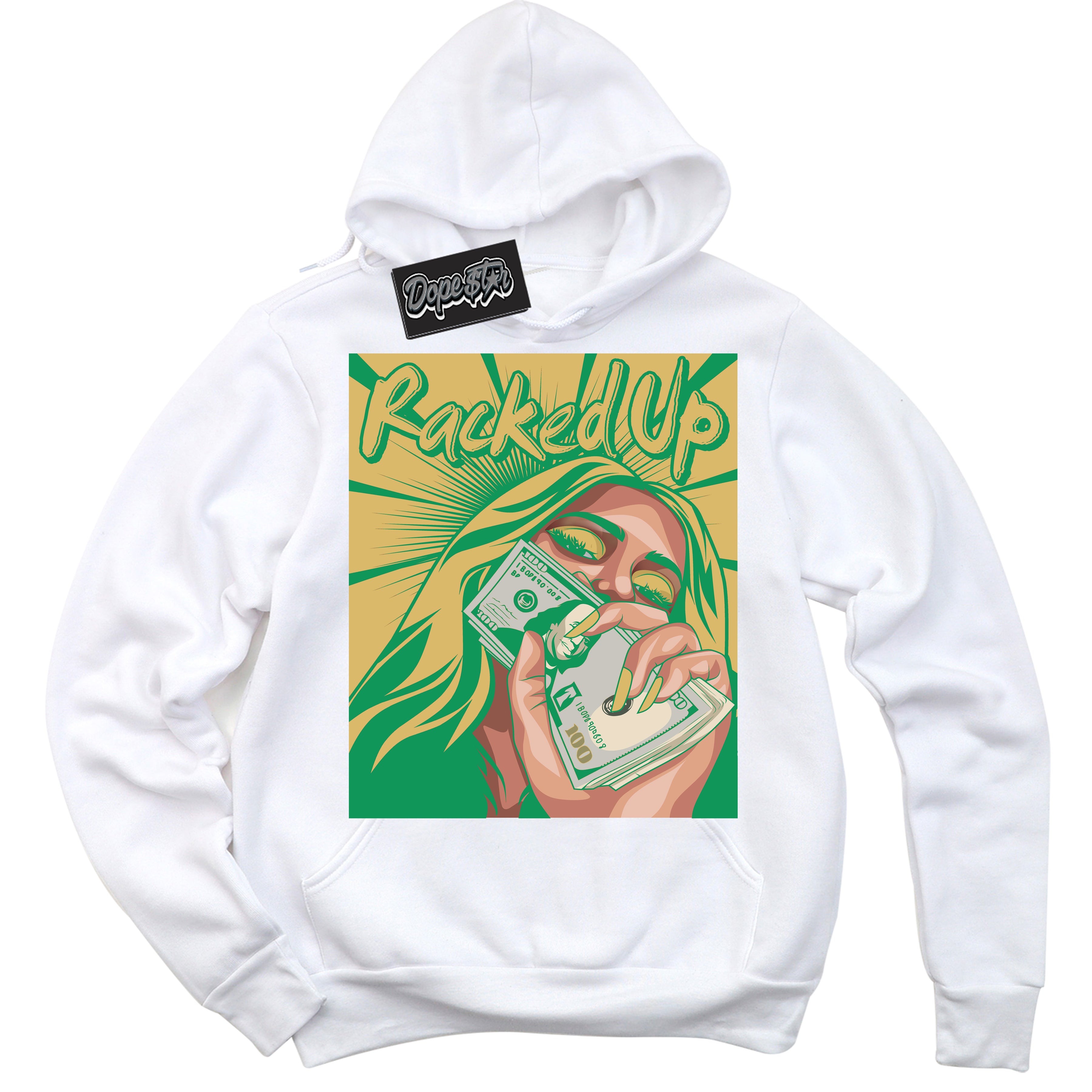 Cool White Hoodie with “Racked Up” design that Perfectly Matches Method of Make Lucky Green 1s Jordans.