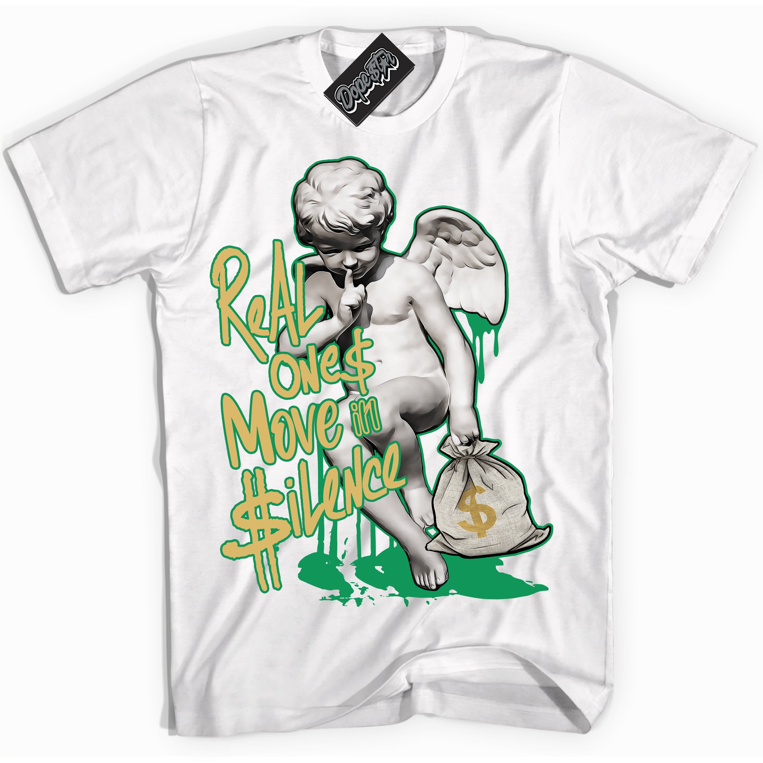 Cool White Shirt with “Real Ones Cherub” design that perfectly matches the Method of Make Lucky Green 1s Jordans.