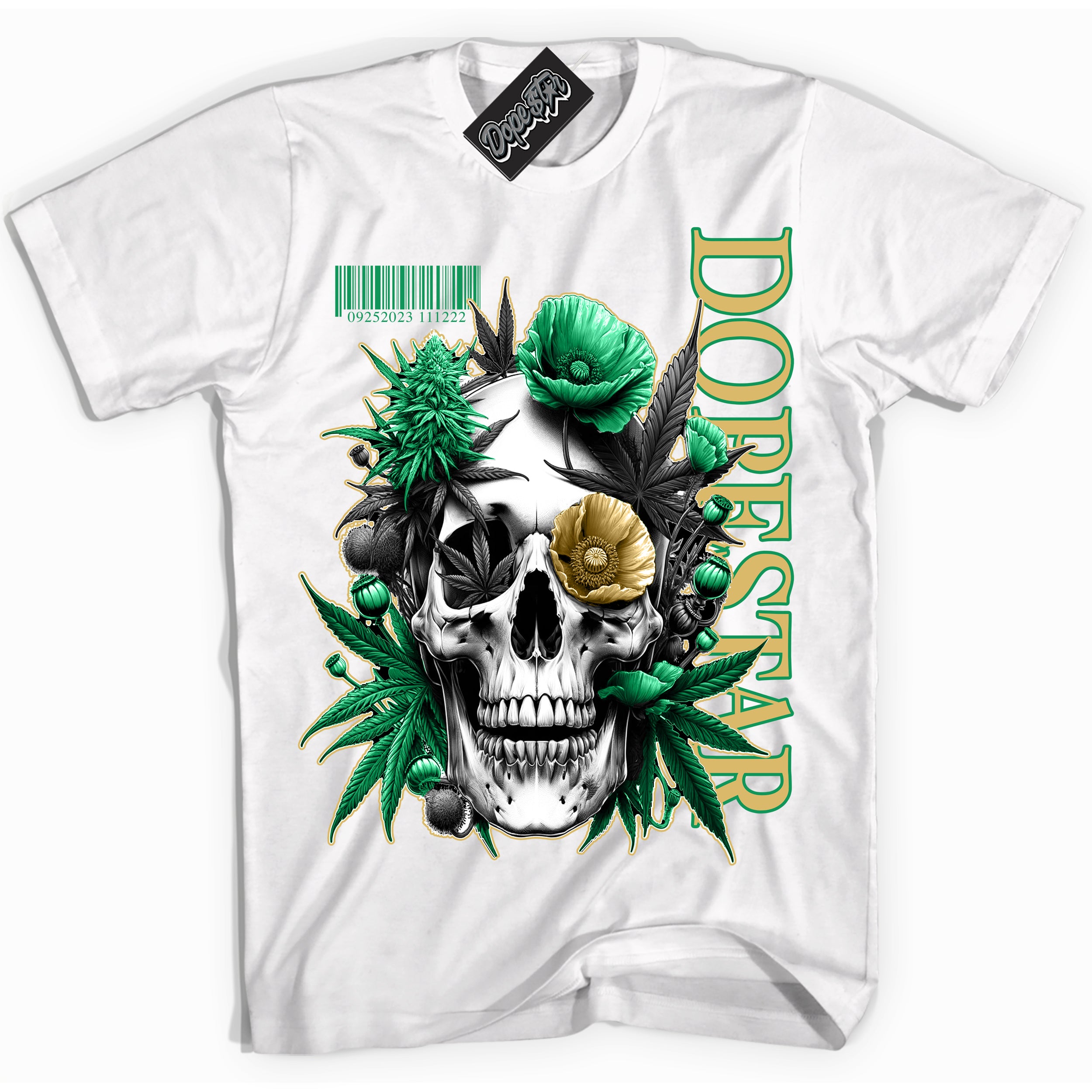 Cool White Shirt with “Skull Poppies” design that perfectly matches the Method of Make Lucky Green 1s Jordans.