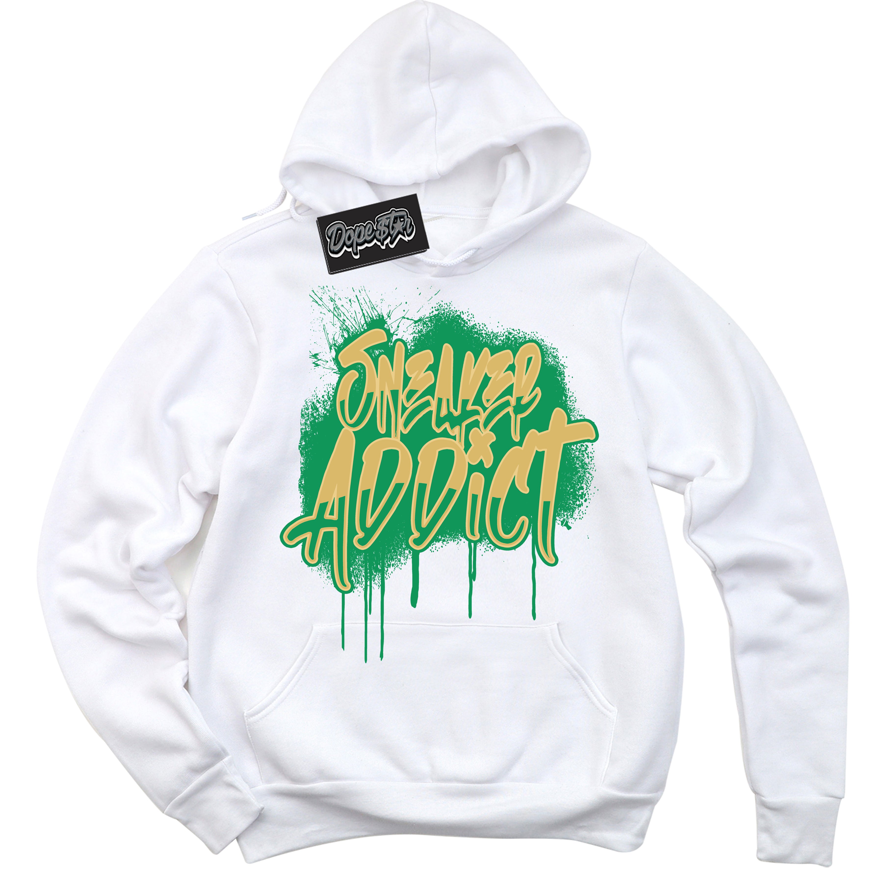 Cool White Hoodie with “Sneaker Addict” design that Perfectly Matches Method of Make Lucky Green 1s Jordans.