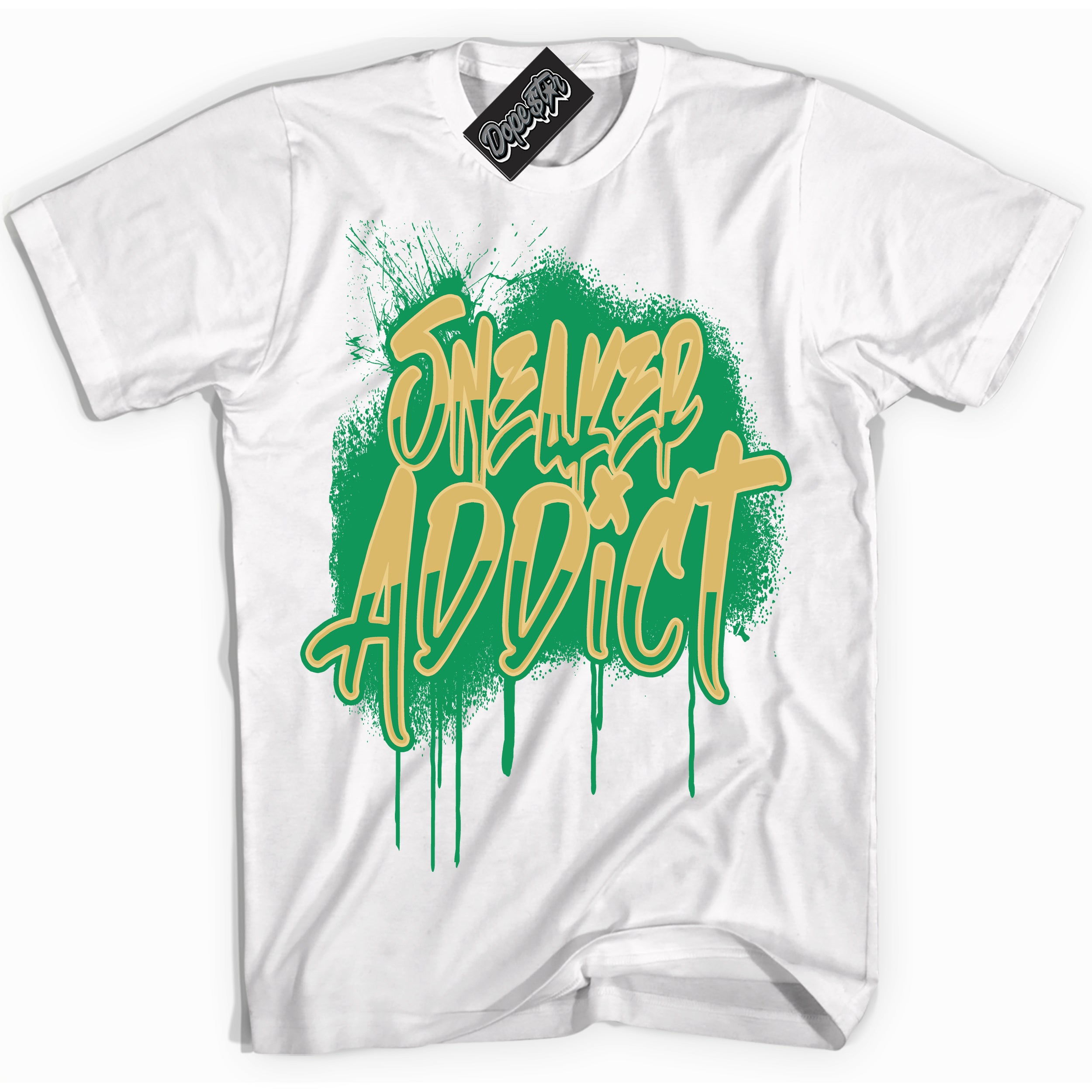 Cool White Shirt with “Sneaker Addict” design that perfectly matches the Method of Make Lucky Green 1s Jordans.