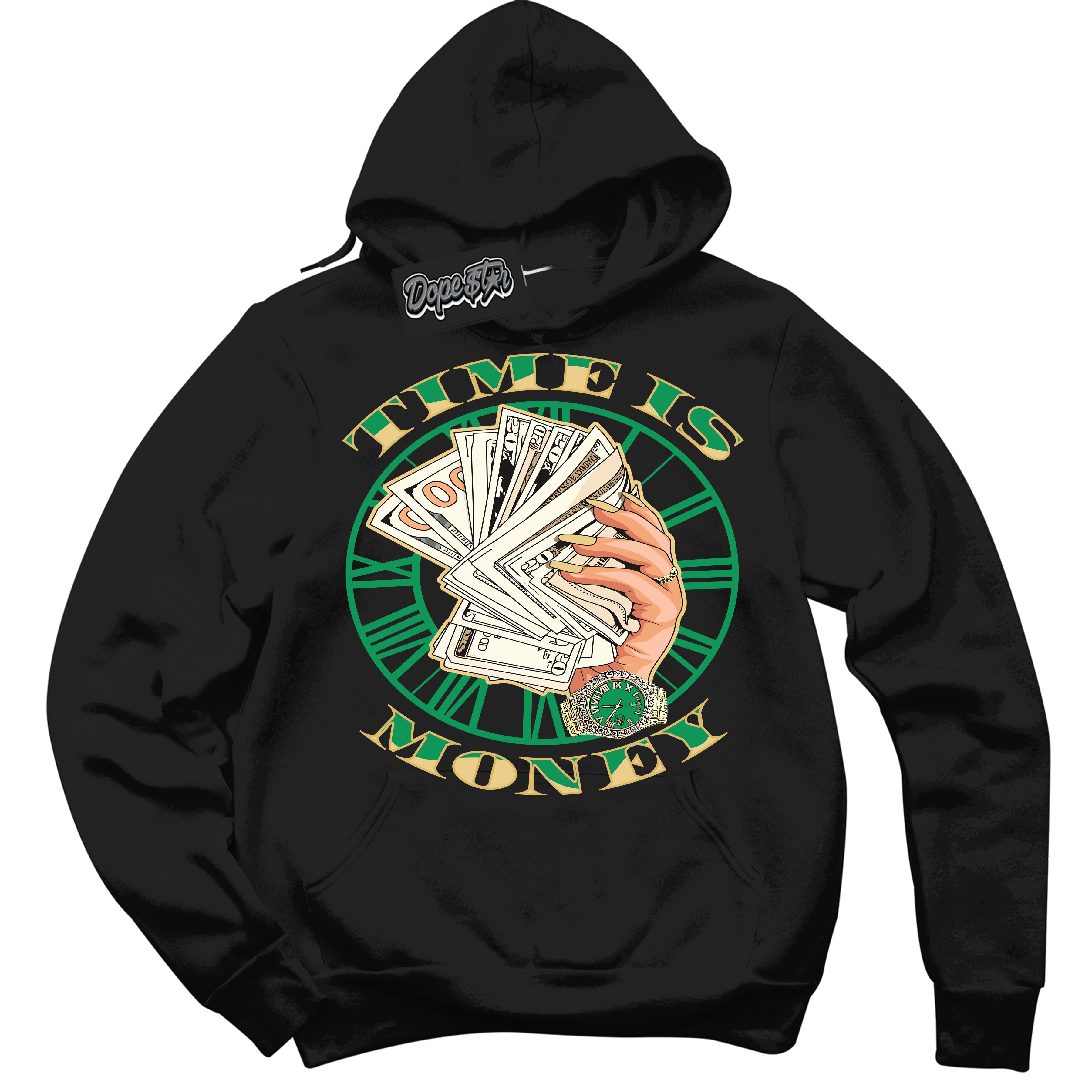 Cool Black Hoodie with “Time Is Money” design that Perfectly Matches Method of Make Lucky Green 1s Jordans.