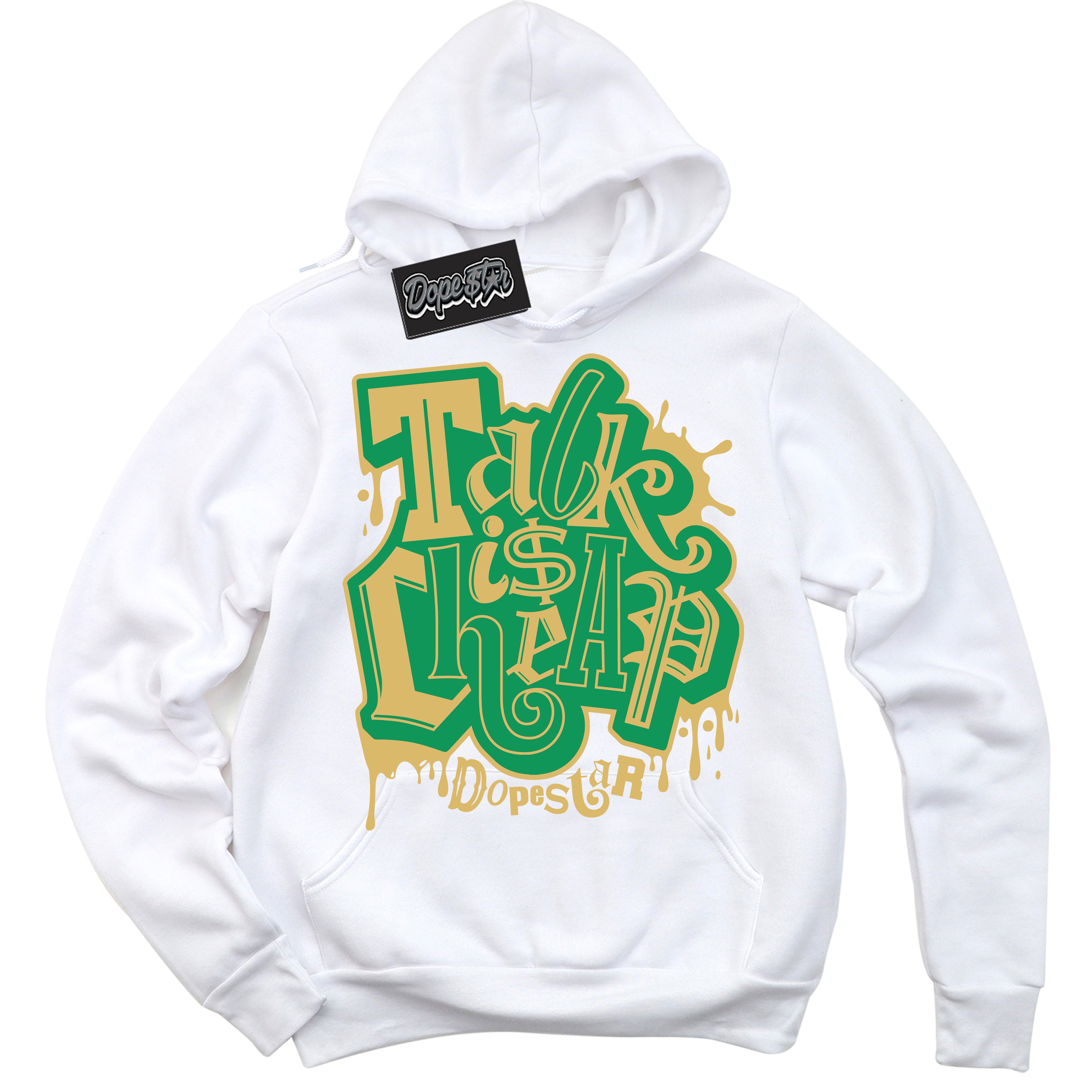 Cool White Hoodie with “Talk Is Cheap” design that Perfectly Matches Method of Make Lucky Green 1s Jordans.