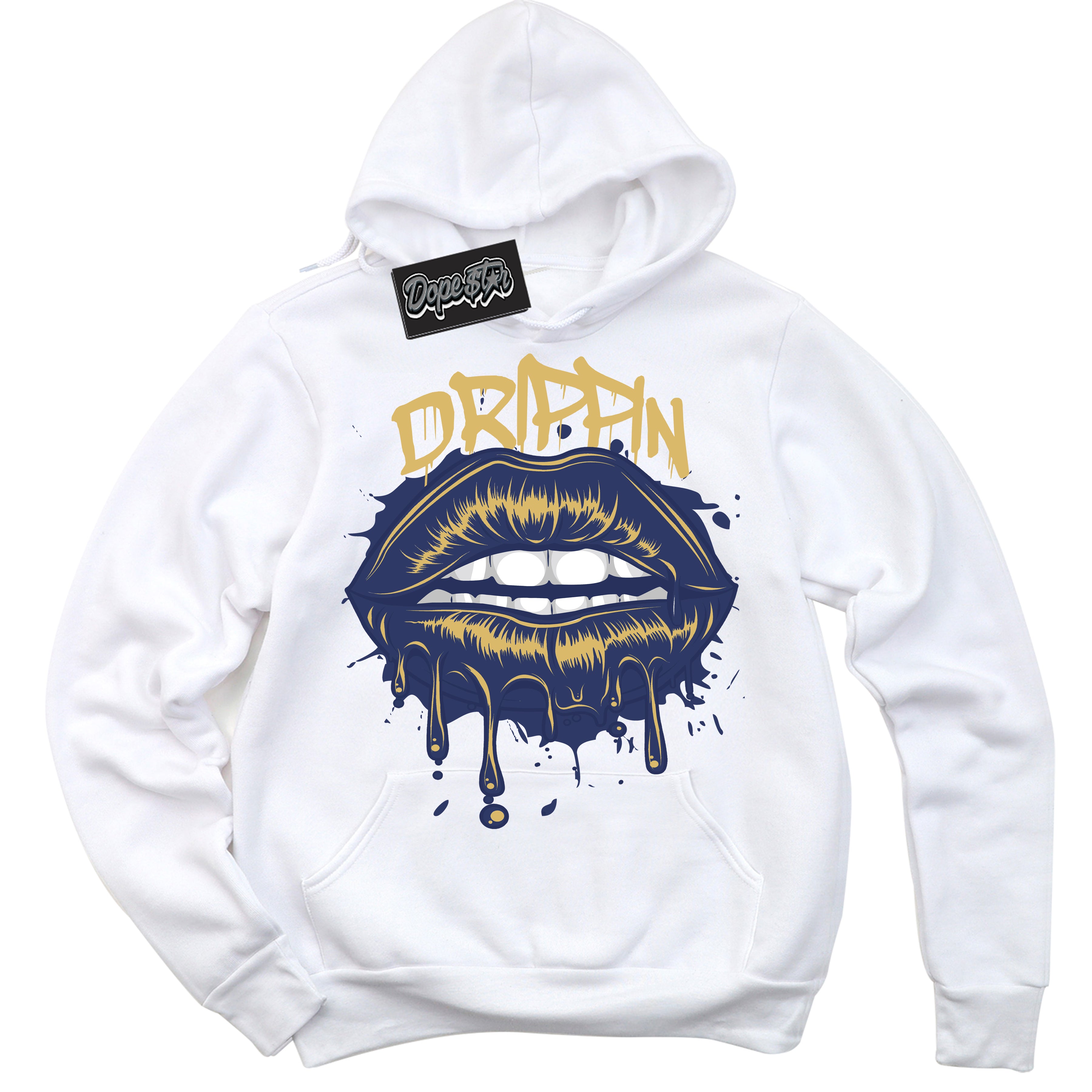 AJ1 Low Method of Make Midnight Navy Metallic Gold ‘Drippin – White Streetwear Hoodie | Sneaker Matching sweatshirt for AJ1 Low Method of Make Midnight Navy Metallic Gold | Graphic Hoodie for Men & Women Streetwear by Sneaker Shirts Outlet.