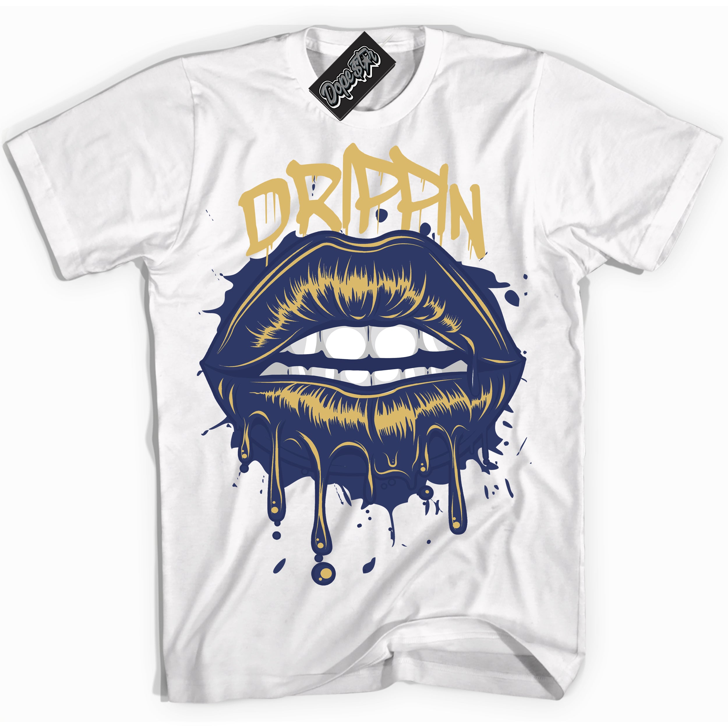 AJ1 Low Method of Make Midnight Navy Metallic Gold ‘Drippin – White Streetwear T-Shirt | Sneaker Matching shirt for AJ1 Low Method of Make Midnight Navy Metallic Gold | Graphic Tee for Men & Women Streetwear by Sneaker Shirts Outlet.