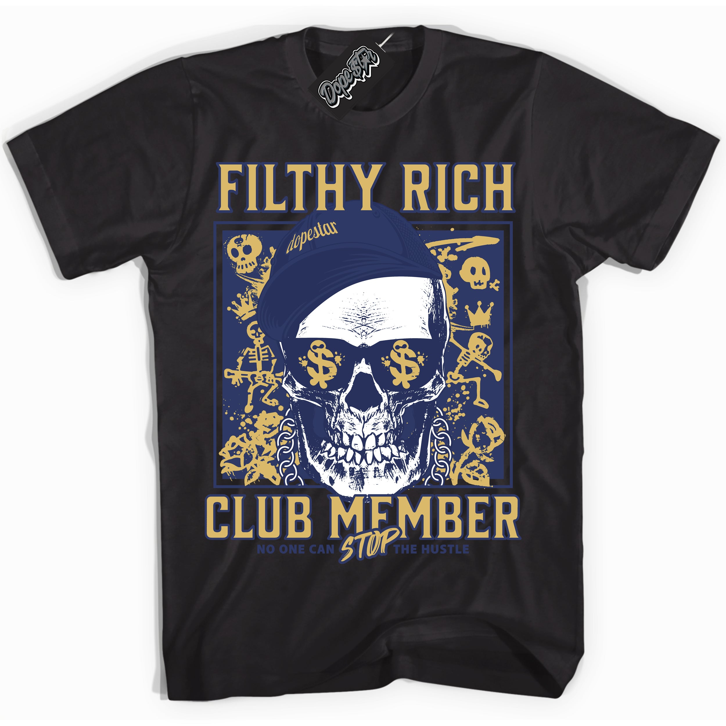 AJ1 Low Method of Make Midnight Navy Metallic Gold ‘Filthy Rich – Black Streetwear T-Shirt | Sneaker Matching shirt for AJ1 Low Method of Make Midnight Navy Metallic Gold | Graphic Tee for Men & Women Streetwear by Sneaker Shirts Outlet.