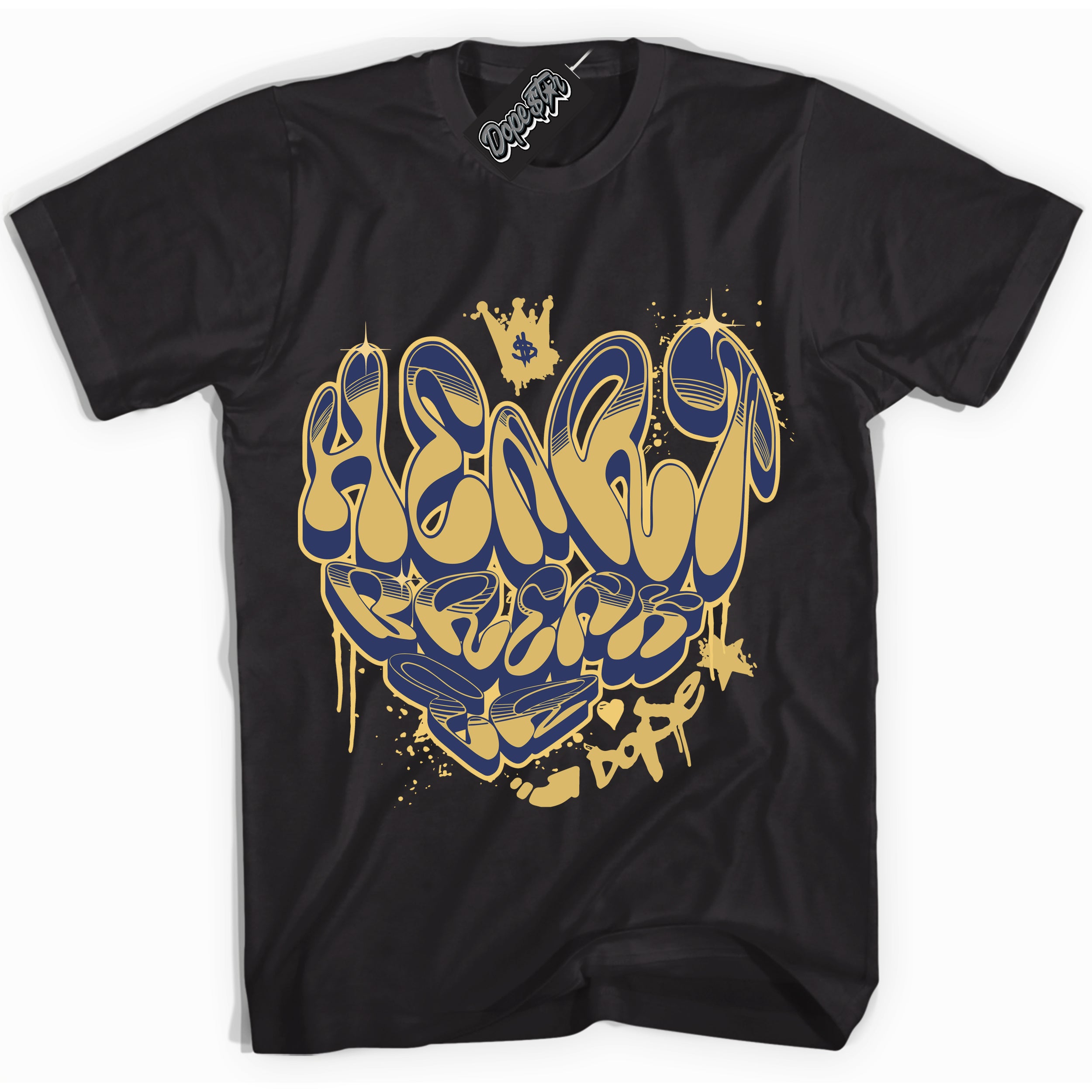 AJ1 Low Method of Make Midnight Navy Metallic Gold ‘Heartbreaker Graffiti – Black Streetwear T-Shirt | Sneaker Matching shirt for AJ1 Low Method of Make Midnight Navy Metallic Gold | Graphic Tee for Men & Women Streetwear by Sneaker Shirts Outlet.