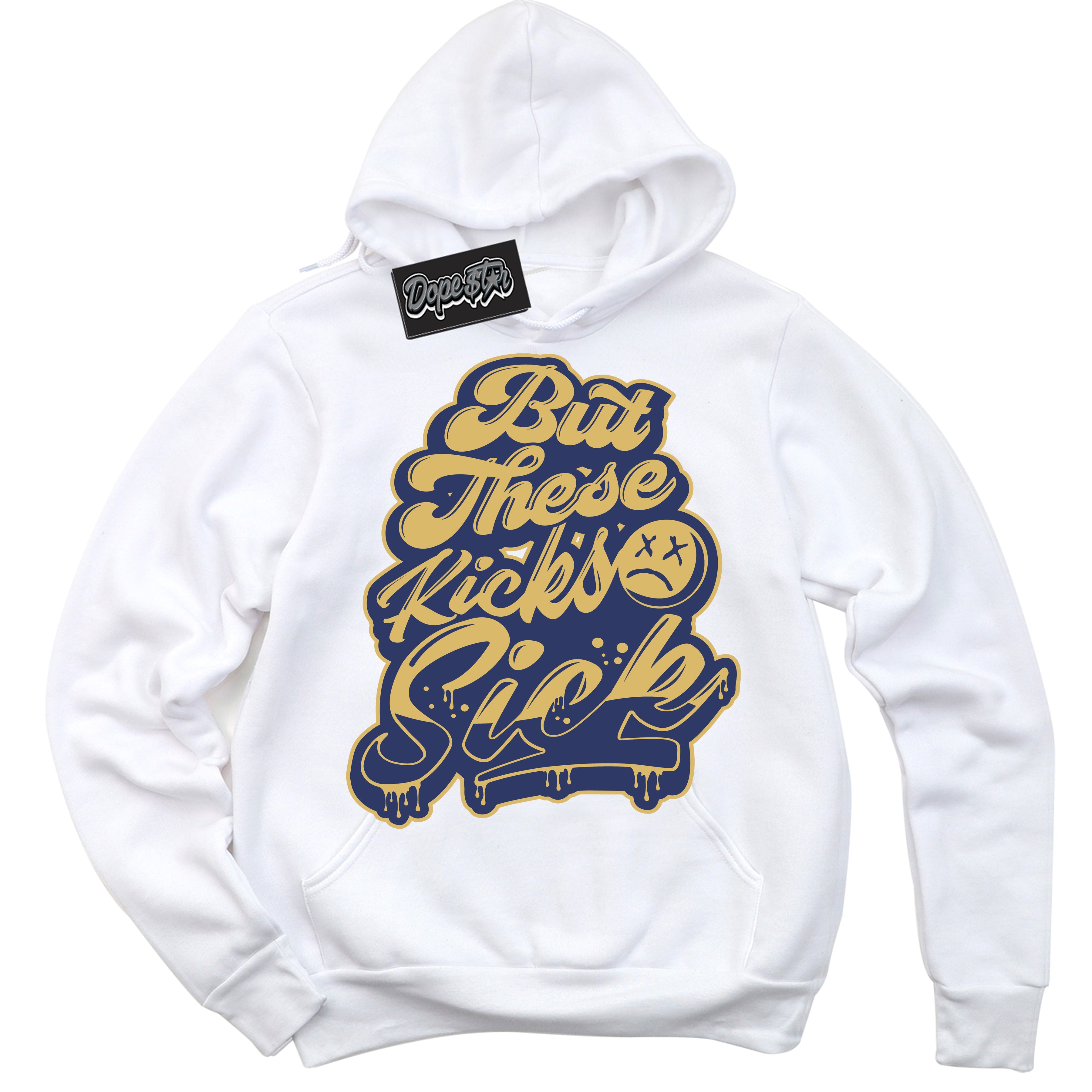 AJ1 Low Method of Make Midnight Navy Metallic Gold ‘Kick Sick – White Streetwear Hoodie | Sneaker Matching sweatshirt for AJ1 Low Method of Make Midnight Navy Metallic Gold | Graphic Hoodie for Men & Women Streetwear by Sneaker Shirts Outlet.