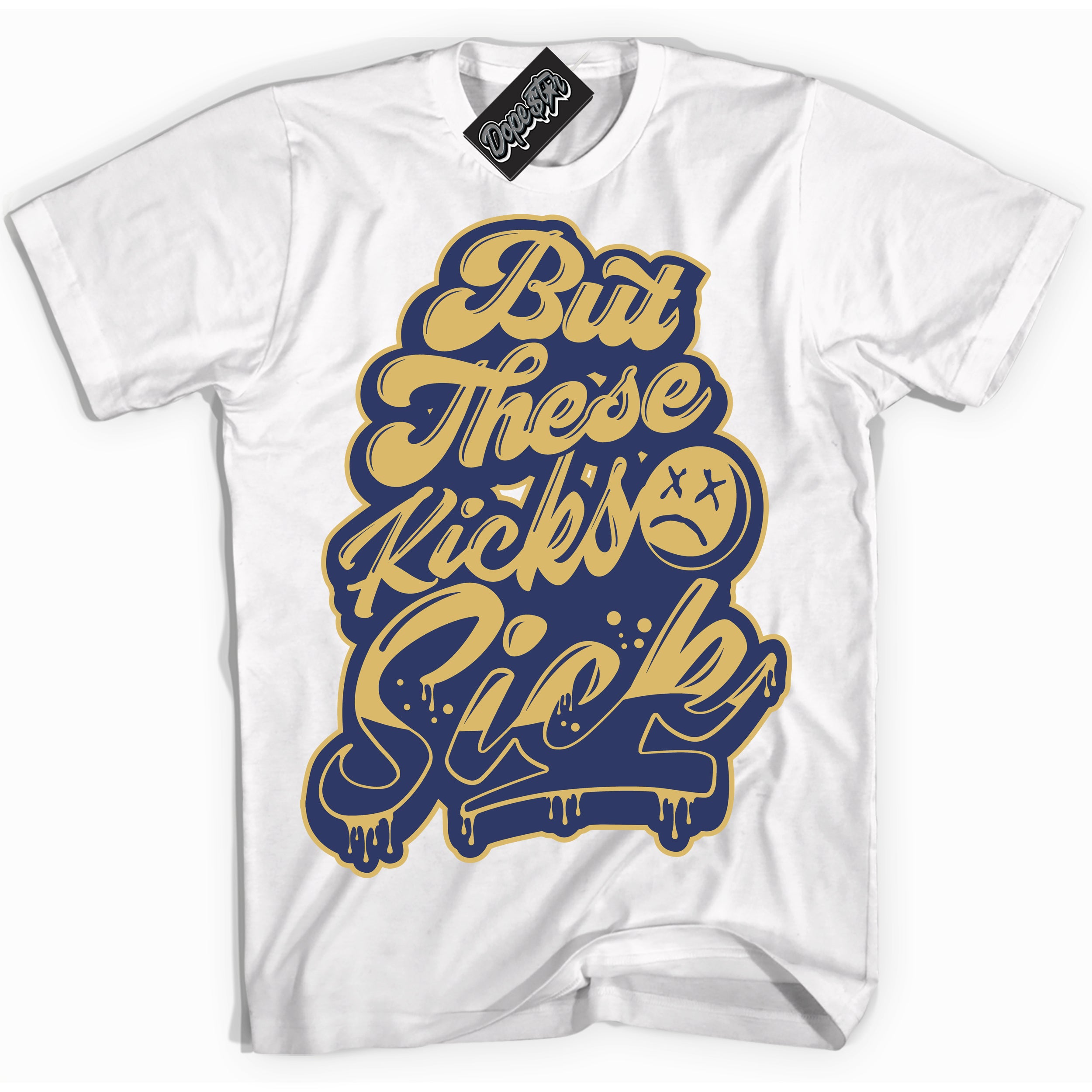 AJ1 Low Method of Make Midnight Navy Metallic Gold ‘Kick Sick – White Streetwear T-Shirt | Sneaker Matching shirt for AJ1 Low Method of Make Midnight Navy Metallic Gold | Graphic Tee for Men & Women Streetwear by Sneaker Shirts Outlet.