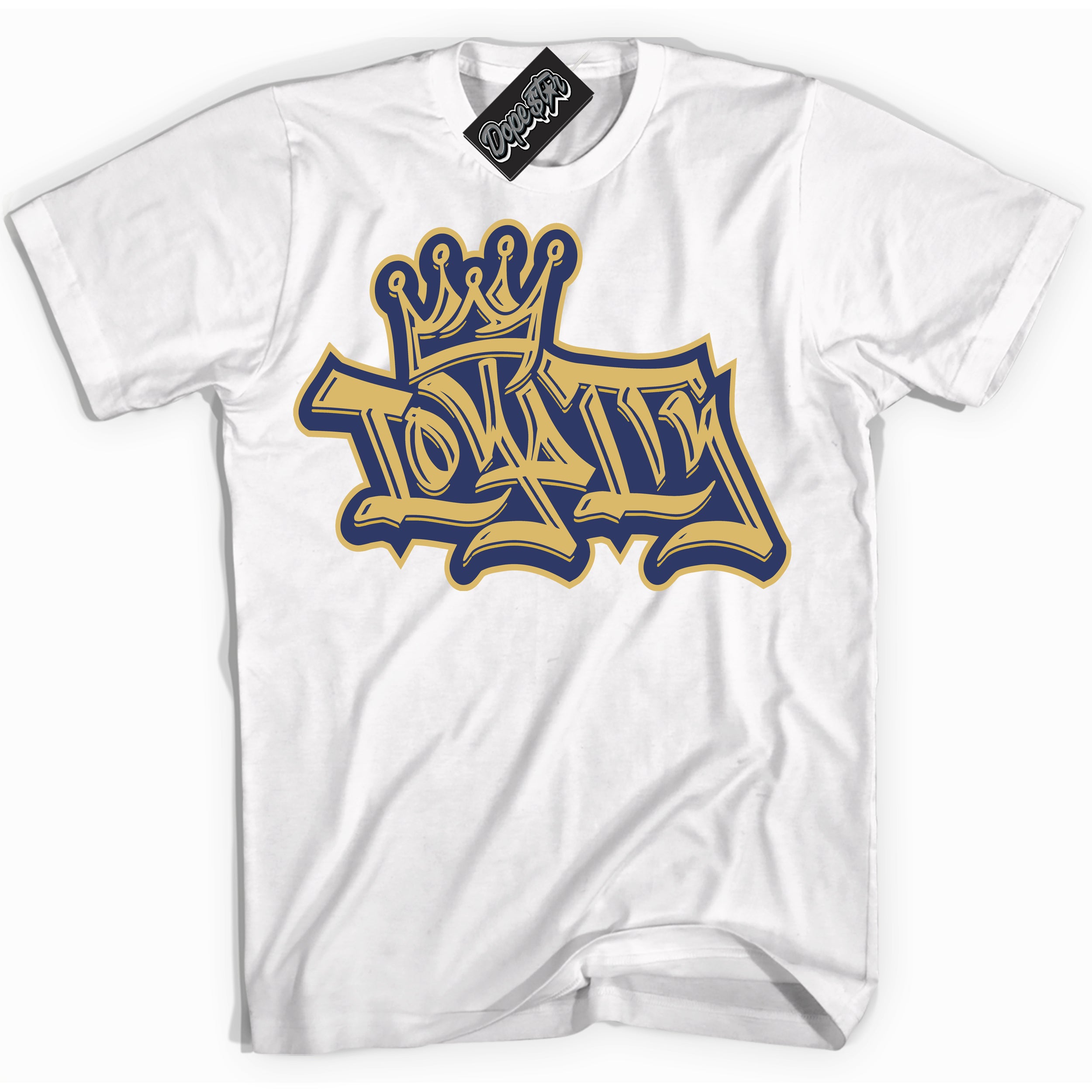 AJ1 Low Method of Make Midnight Navy Metallic Gold ‘Loyalty Crown – White Streetwear T-Shirt | Sneaker Matching shirt for AJ1 Low Method of Make Midnight Navy Metallic Gold | Graphic Tee for Men & Women Streetwear by Sneaker Shirts Outlet.