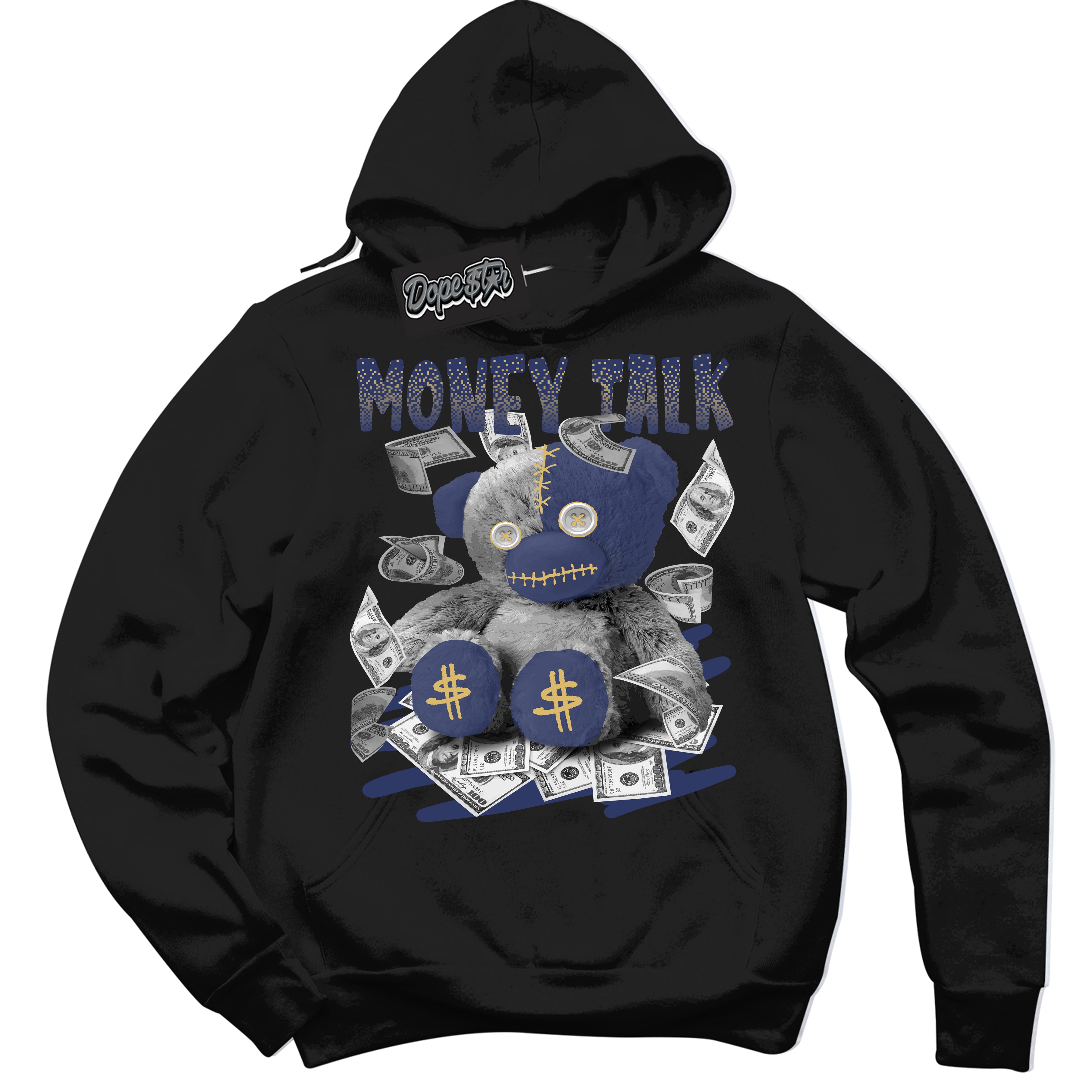 AJ1 Low Method of Make Midnight Navy Metallic Gold ‘Money Talk Bear – Black Streetwear Hoodie | Sneaker Matching sweatshirt for AJ1 Low Method of Make Midnight Navy Metallic Gold | Graphic Hoodie for Men & Women Streetwear by Sneaker Shirts Outlet.