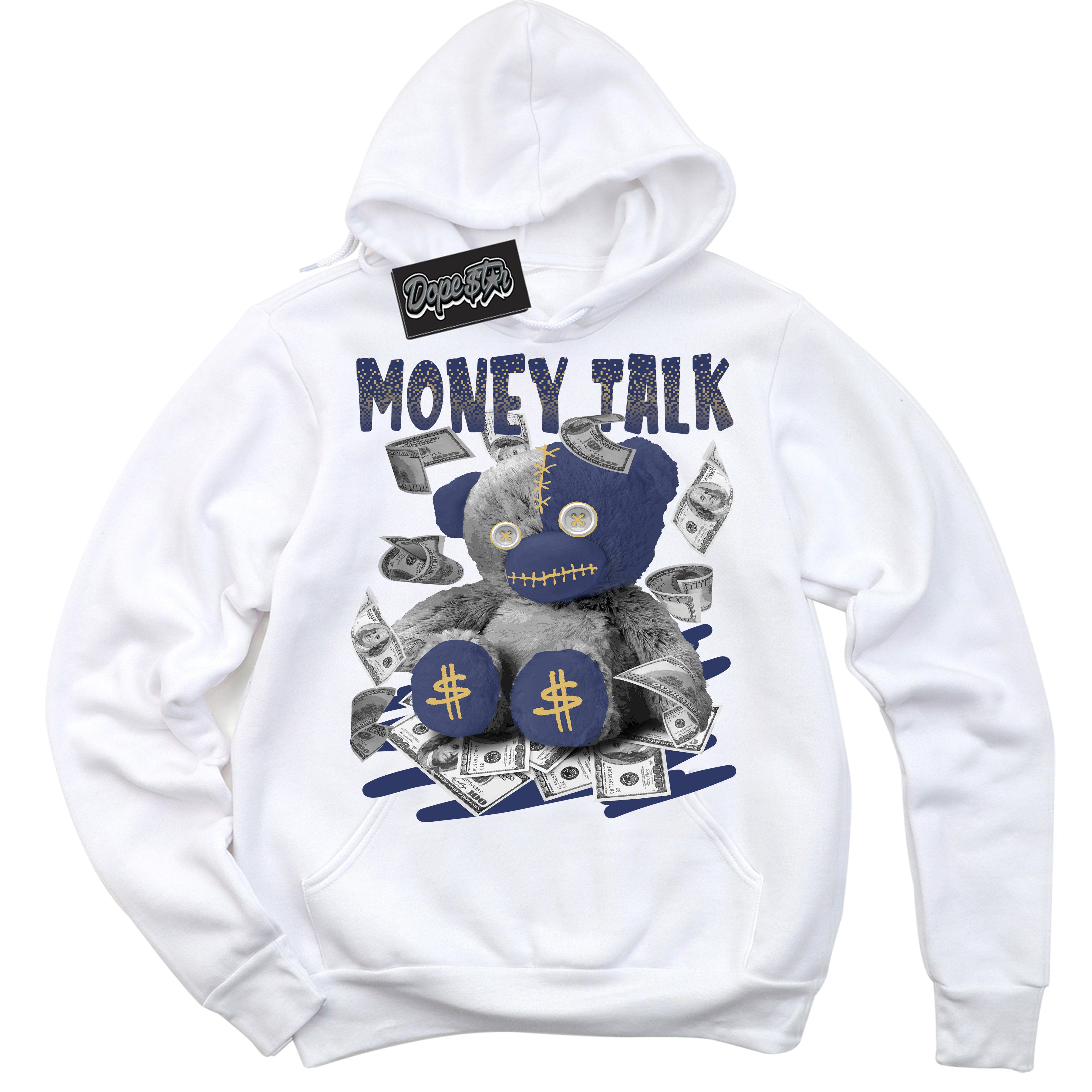 AJ1 Low Method of Make Midnight Navy Metallic Gold ‘Money Talk Bear – White Streetwear Hoodie | Sneaker Matching sweatshirt for AJ1 Low Method of Make Midnight Navy Metallic Gold | Graphic Hoodie for Men & Women Streetwear by Sneaker Shirts Outlet.