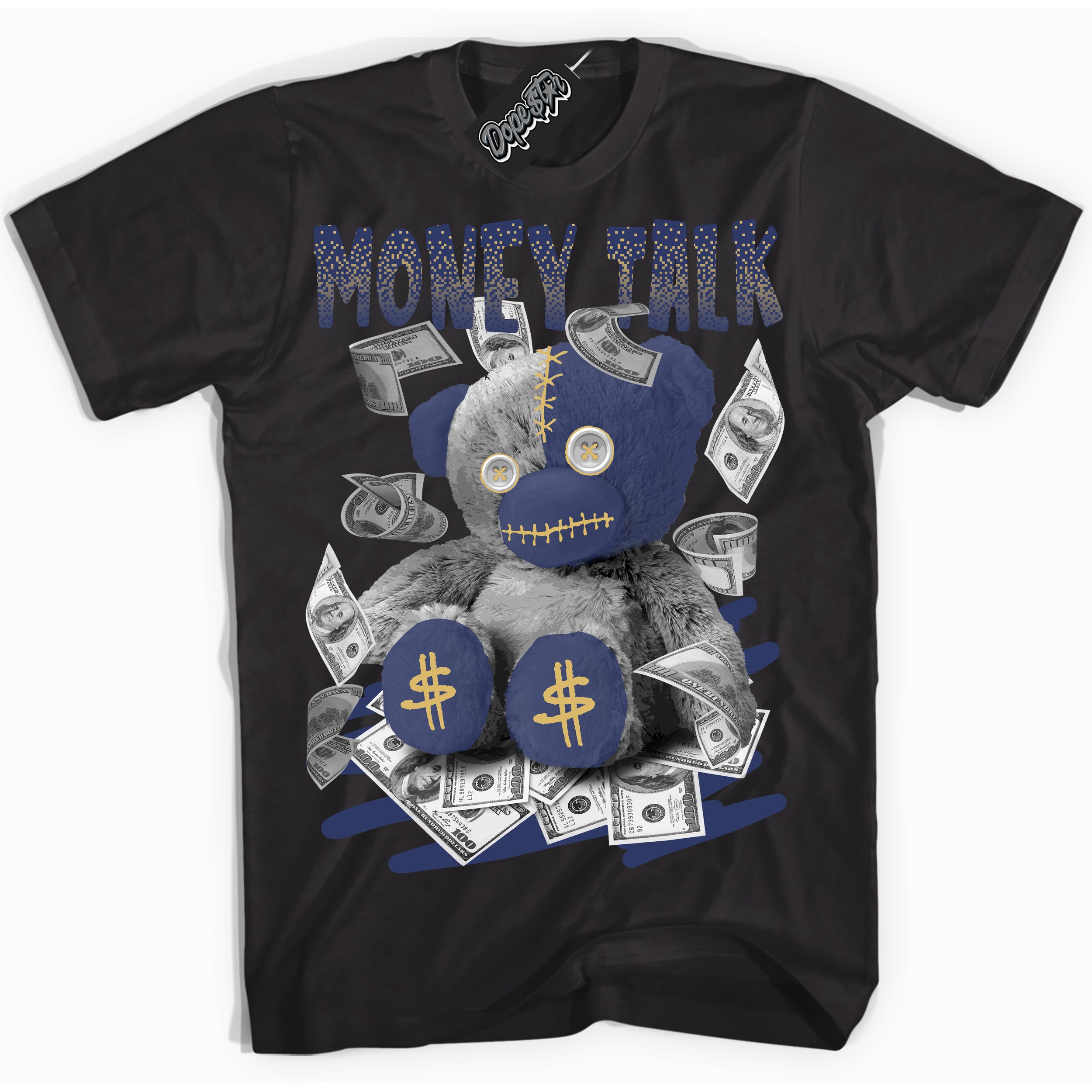 AJ1 Low Method of Make Midnight Navy Metallic Gold ‘Money Talk Bear – Black Streetwear T-Shirt | Sneaker Matching shirt for AJ1 Low Method of Make Midnight Navy Metallic Gold | Graphic Tee for Men & Women Streetwear by Sneaker Shirts Outlet.