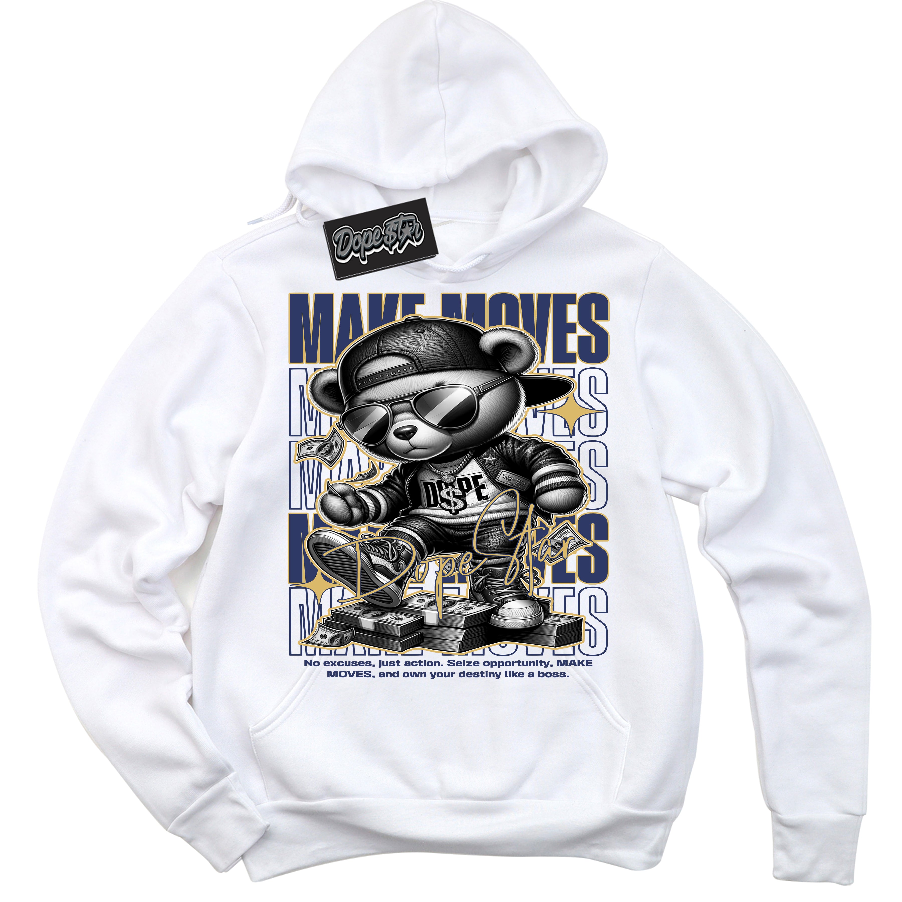 AJ1 Low Method of Make Midnight Navy Metallic Gold ‘Make Moves – White Streetwear Hoodie | Sneaker Matching sweatshirt for AJ1 Low Method of Make Midnight Navy Metallic Gold | Graphic Hoodie for Men & Women Streetwear by Sneaker Shirts Outlet.