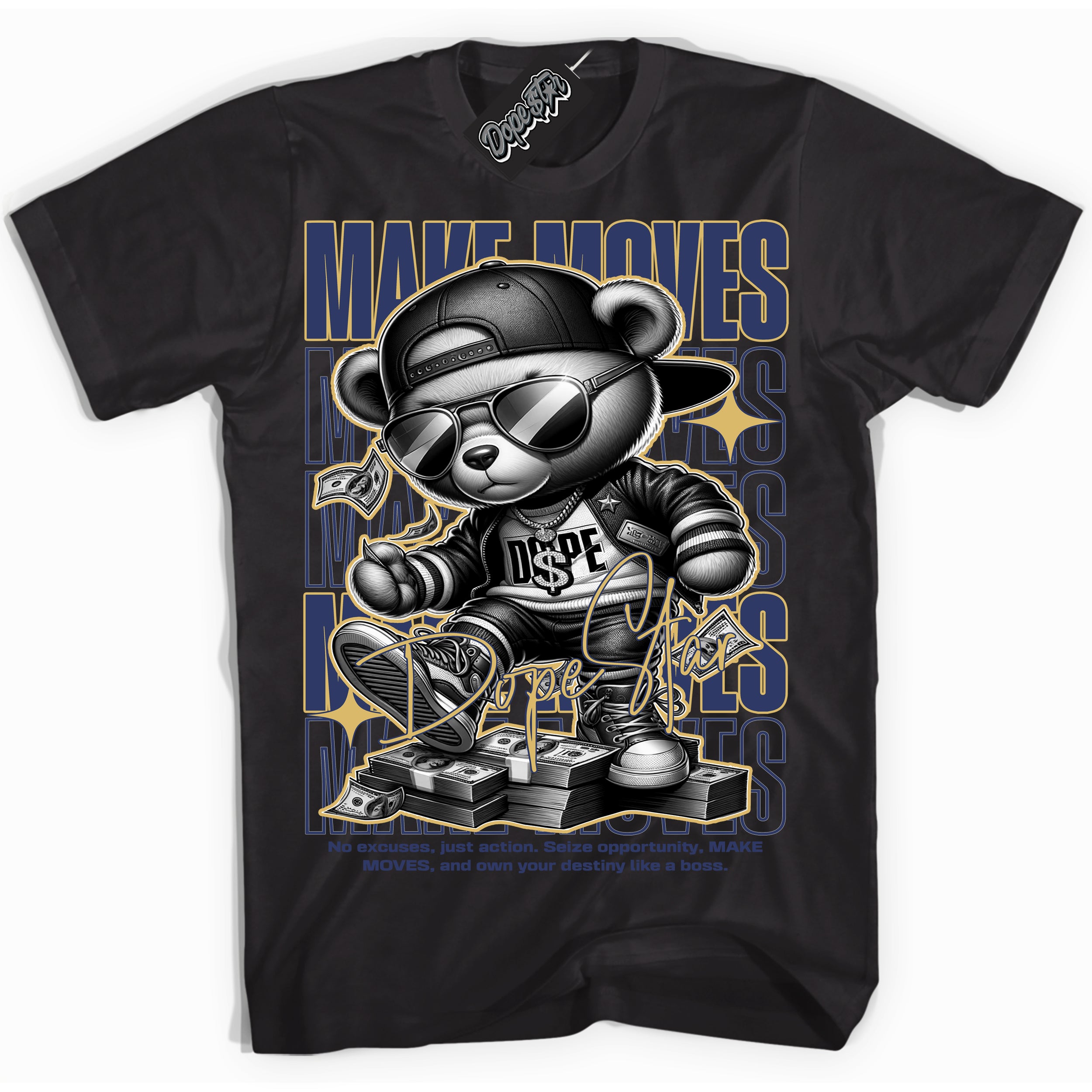 AJ1 Low Method of Make Midnight Navy Metallic Gold ‘Make Moves – Black Streetwear T-Shirt | Sneaker Matching shirt for AJ1 Low Method of Make Midnight Navy Metallic Gold | Graphic Tee for Men & Women Streetwear by Sneaker Shirts Outlet.