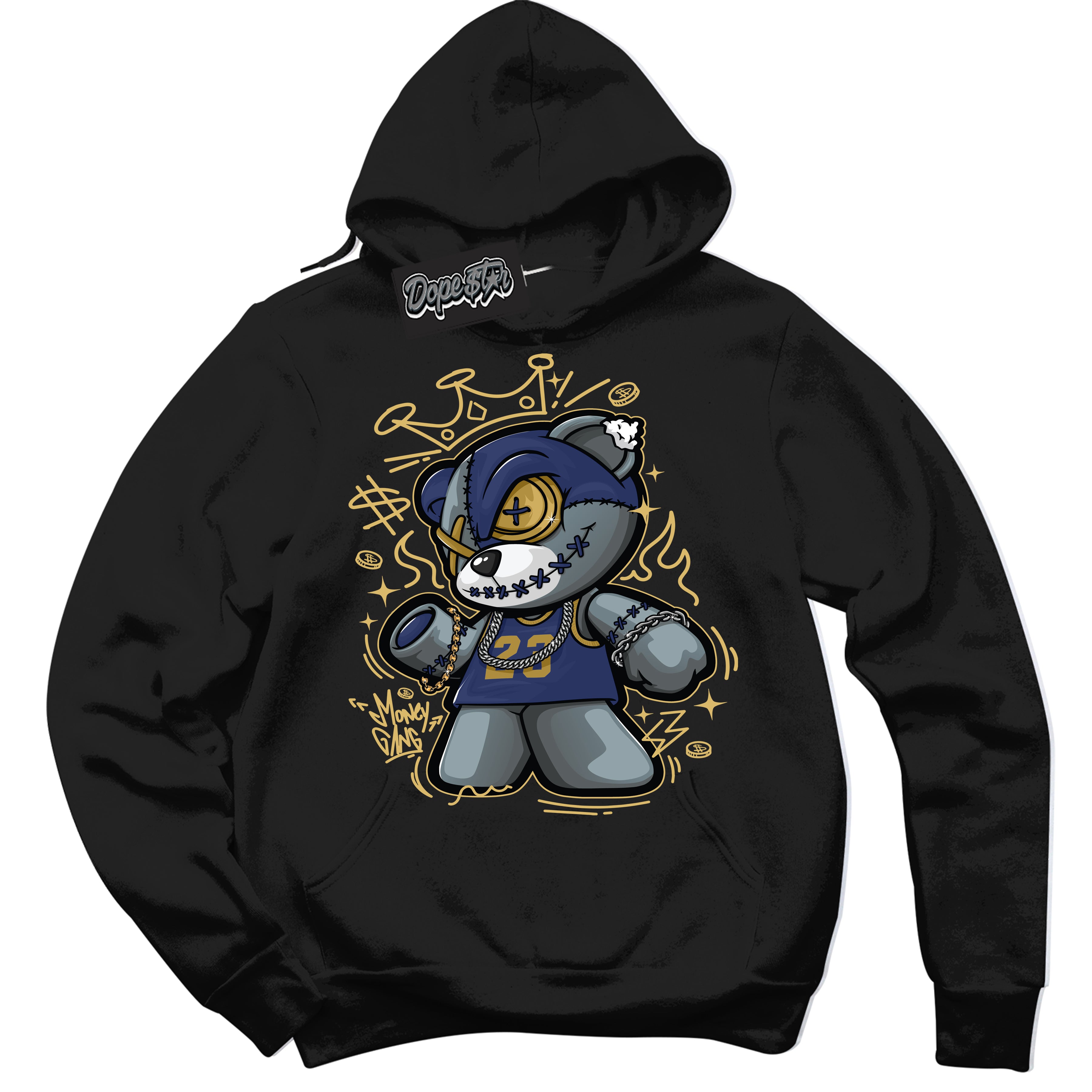 AJ1 Low Method of Make Midnight Navy Metallic Gold ‘Money Gang Bear – Black Streetwear Hoodie | Sneaker Matching sweatshirt for AJ1 Low Method of Make Midnight Navy Metallic Gold | Graphic Hoodie for Men & Women Streetwear by Sneaker Shirts Outlet.