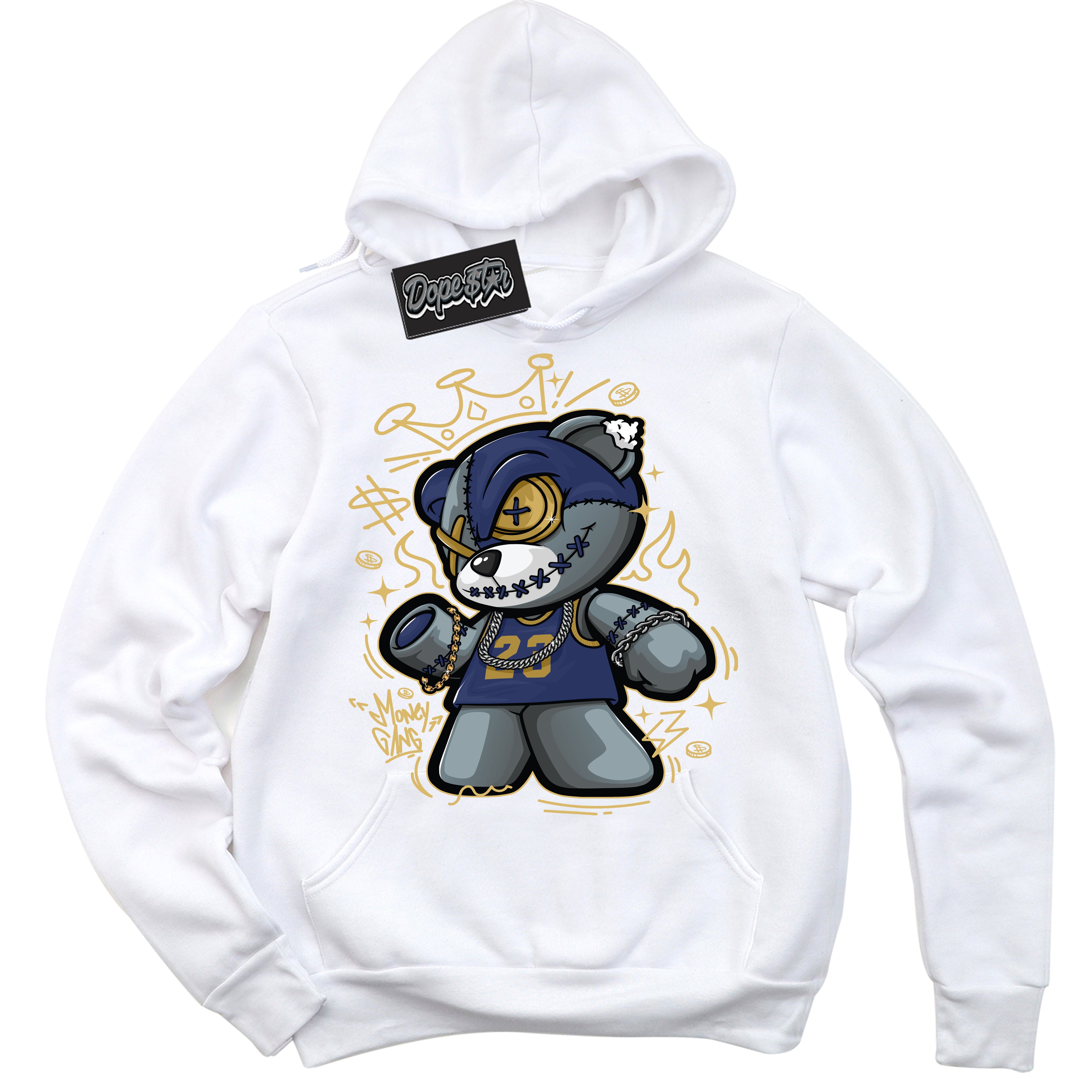 AJ1 Low Method of Make Midnight Navy Metallic Gold ‘Money Gang Bear – White Streetwear Hoodie | Sneaker Matching sweatshirt for AJ1 Low Method of Make Midnight Navy Metallic Gold | Graphic Hoodie for Men & Women Streetwear by Sneaker Shirts Outlet.