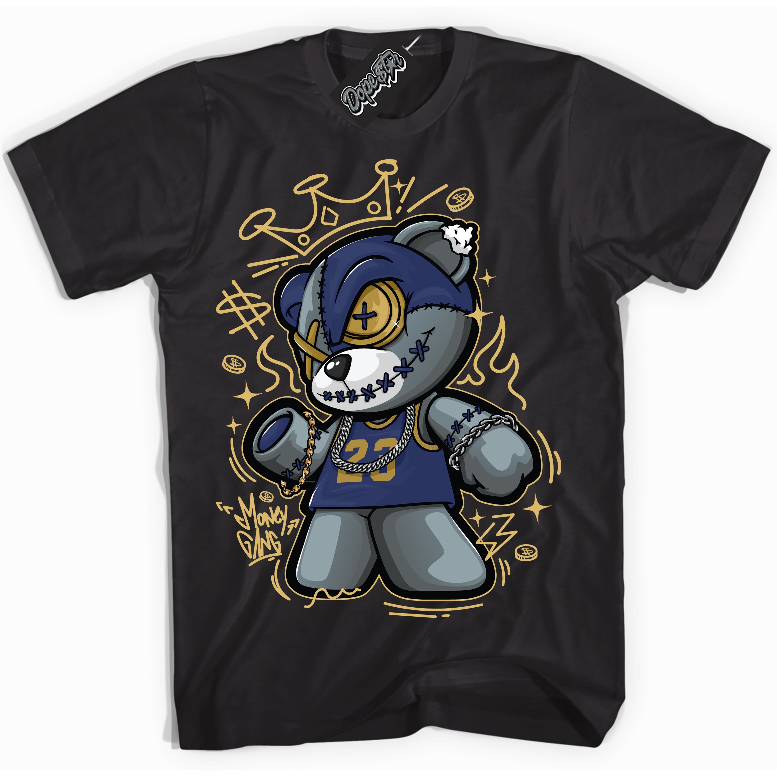 AJ1 Low Method of Make Midnight Navy Metallic Gold ‘Money Gang Bear – Black Streetwear T-Shirt | Sneaker Matching shirt for AJ1 Low Method of Make Midnight Navy Metallic Gold | Graphic Tee for Men & Women Streetwear by Sneaker Shirts Outlet.