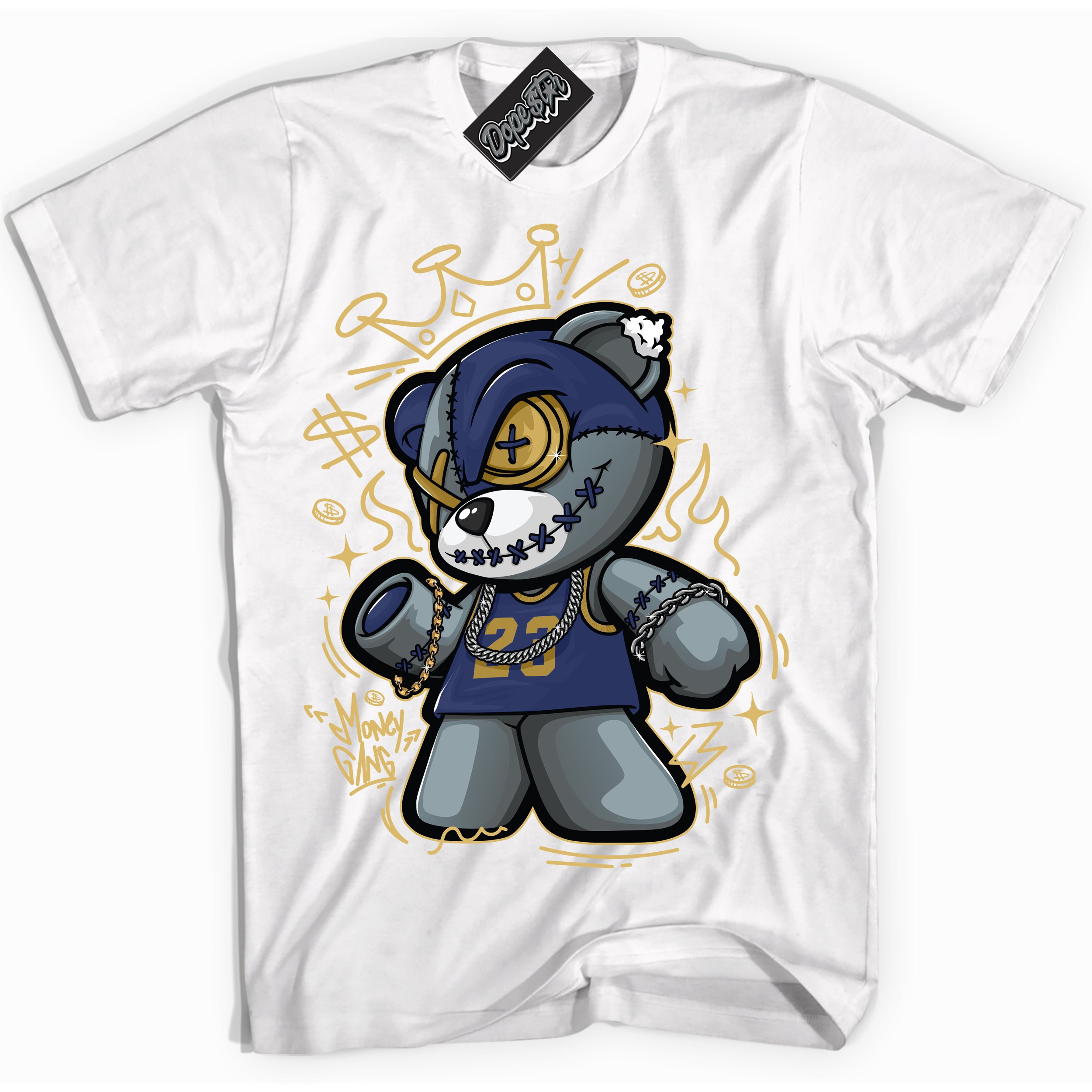 AJ1 Low Method of Make Midnight Navy Metallic Gold ‘Money Gang Bear – White Streetwear T-Shirt | Sneaker Matching shirt for AJ1 Low Method of Make Midnight Navy Metallic Gold | Graphic Tee for Men & Women Streetwear by Sneaker Shirts Outlet.