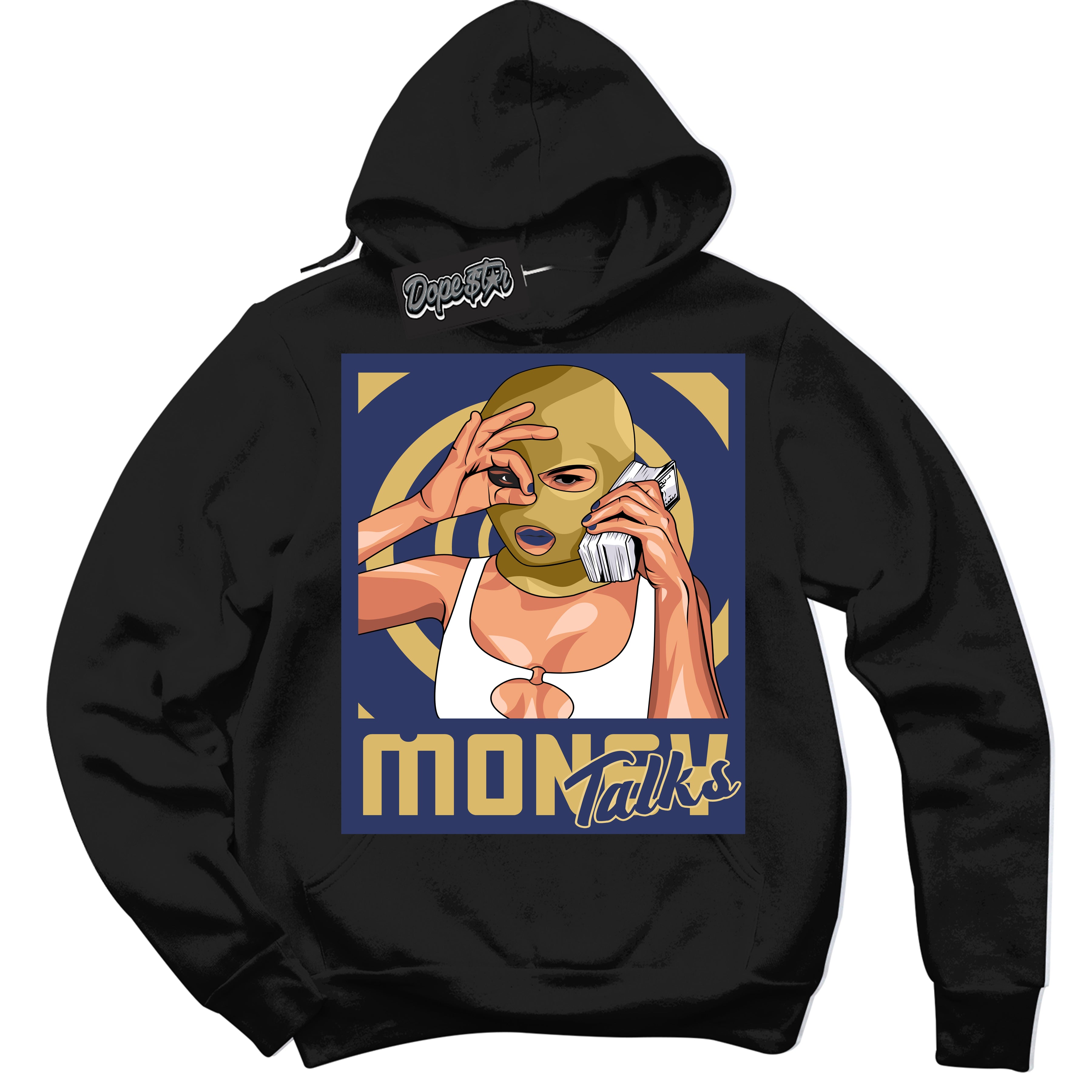 AJ1 Low Method of Make Midnight Navy Metallic Gold ‘Money Talks – Black Streetwear Hoodie | Sneaker Matching sweatshirt for AJ1 Low Method of Make Midnight Navy Metallic Gold | Graphic Hoodie for Men & Women Streetwear by Sneaker Shirts Outlet.