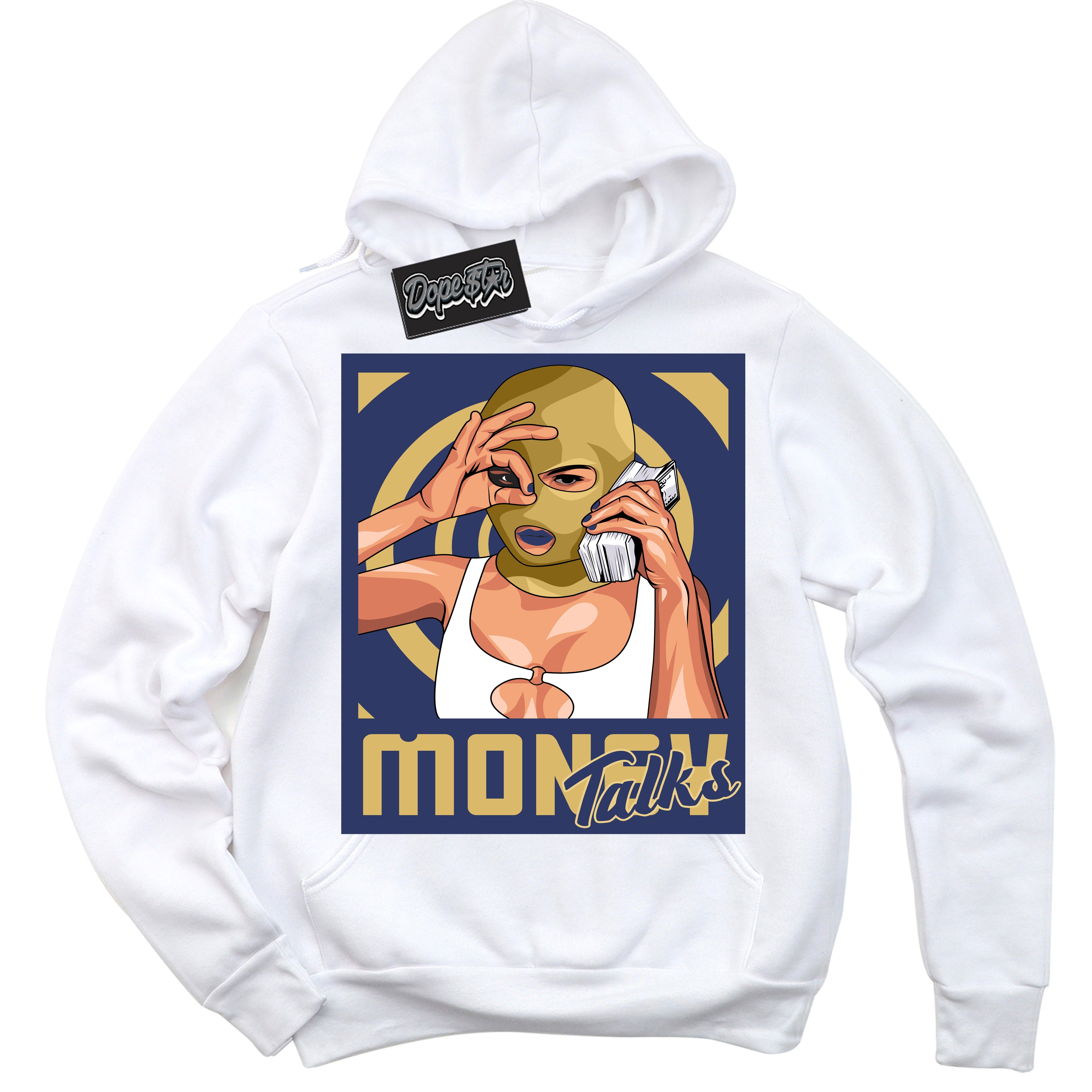 AJ1 Low Method of Make Midnight Navy Metallic Gold ‘Money Talks – White Streetwear Hoodie | Sneaker Matching sweatshirt for AJ1 Low Method of Make Midnight Navy Metallic Gold | Graphic Hoodie for Men & Women Streetwear by Sneaker Shirts Outlet.