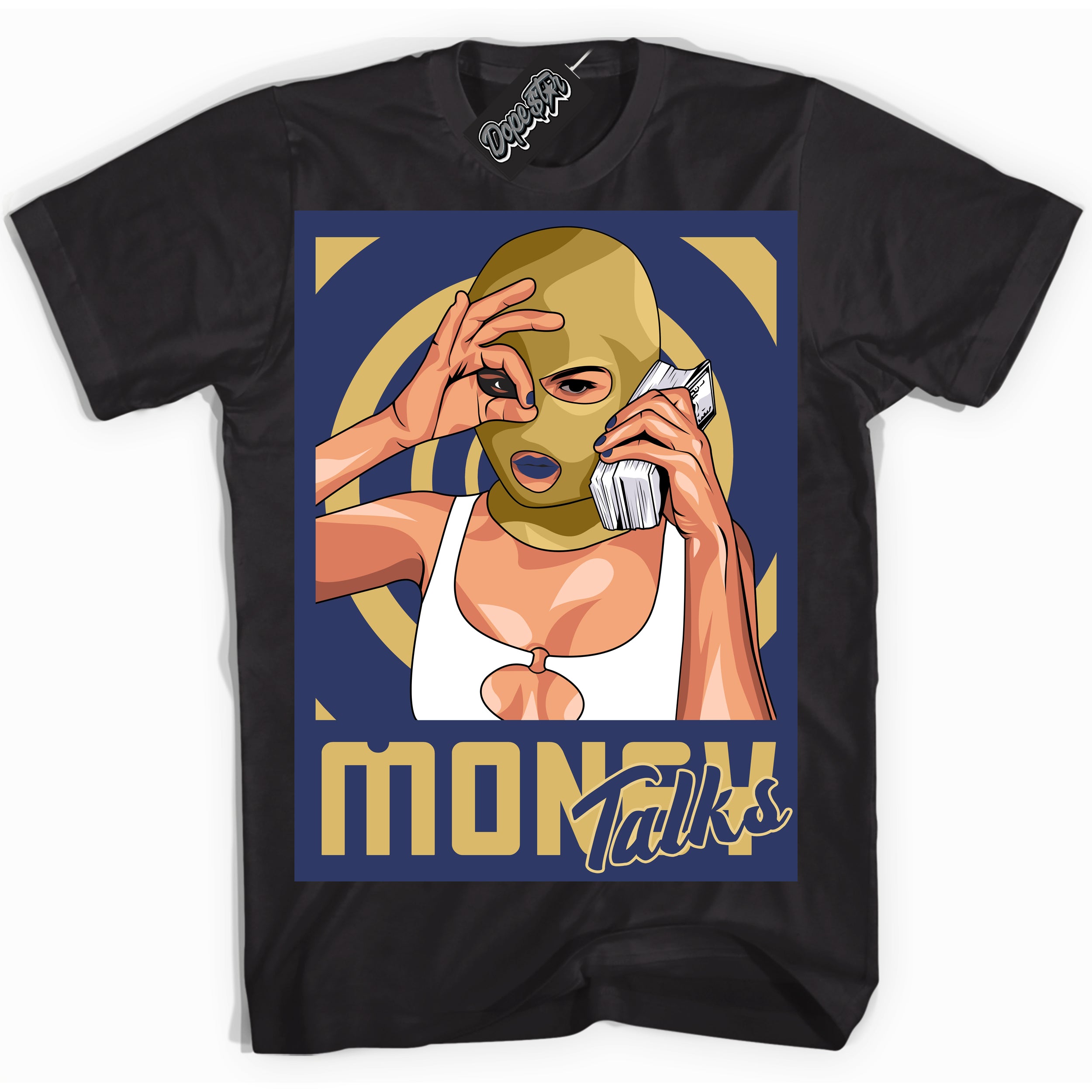 AJ1 Low Method of Make Midnight Navy Metallic Gold ‘Money Talks – Black Streetwear T-Shirt | Sneaker Matching shirt for AJ1 Low Method of Make Midnight Navy Metallic Gold | Graphic Tee for Men & Women Streetwear by Sneaker Shirts Outlet.