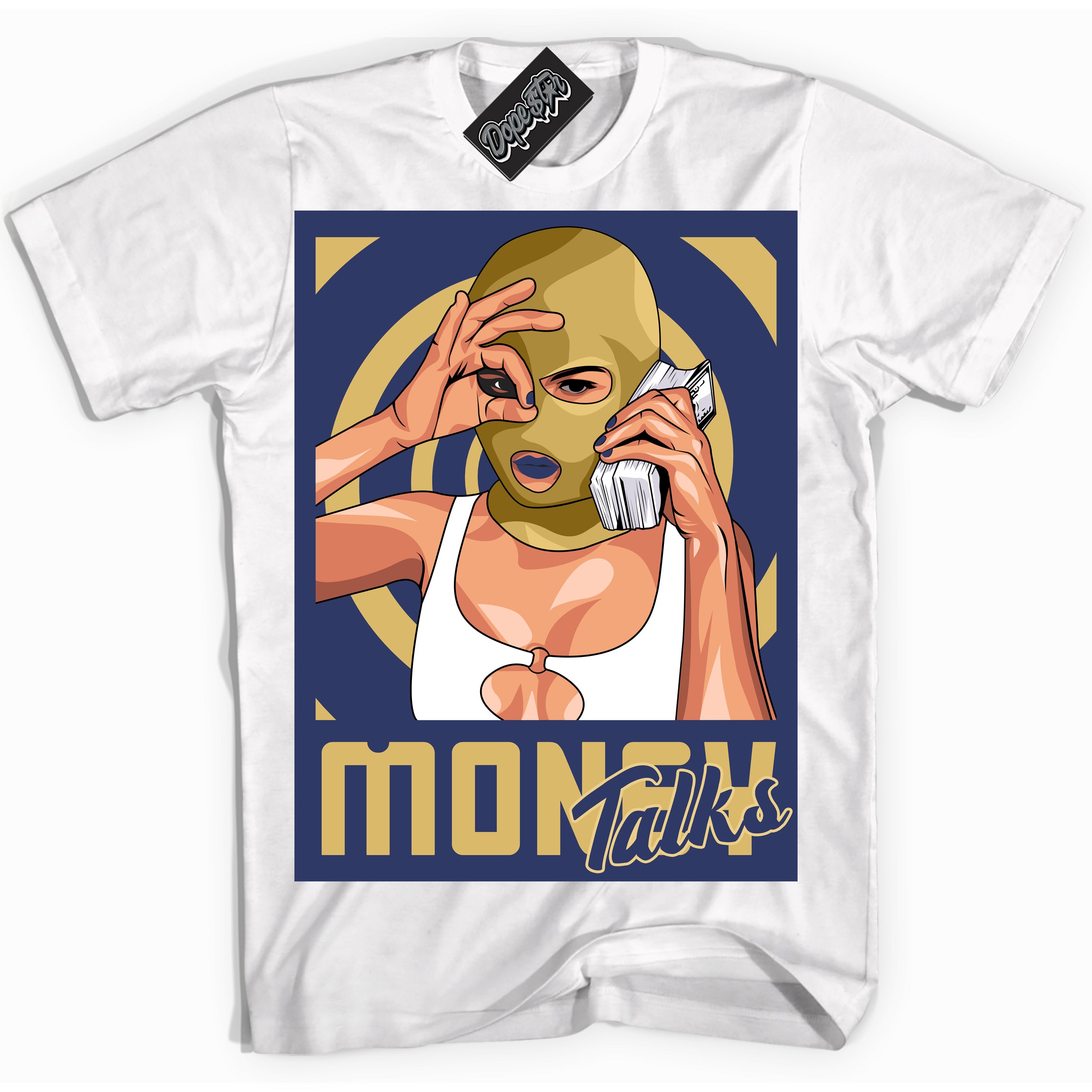 AJ1 Low Method of Make Midnight Navy Metallic Gold ‘Money Talks – White Streetwear T-Shirt | Sneaker Matching shirt for AJ1 Low Method of Make Midnight Navy Metallic Gold | Graphic Tee for Men & Women Streetwear by Sneaker Shirts Outlet.