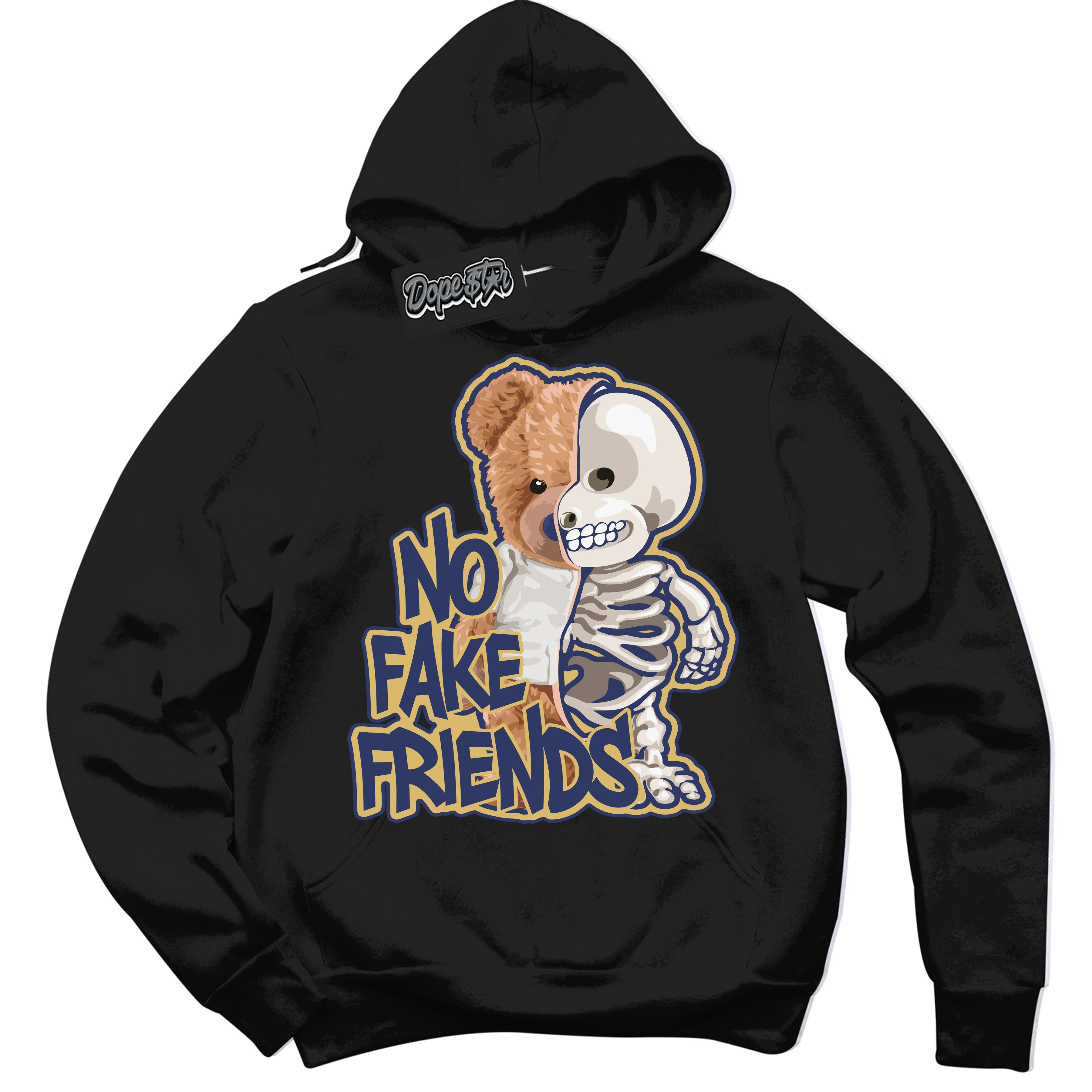 AJ1 Low Method of Make Midnight Navy Metallic Gold ‘No Fake Friends – Black Streetwear Hoodie | Sneaker Matching sweatshirt for AJ1 Low Method of Make Midnight Navy Metallic Gold | Graphic Hoodie for Men & Women Streetwear by Sneaker Shirts Outlet.