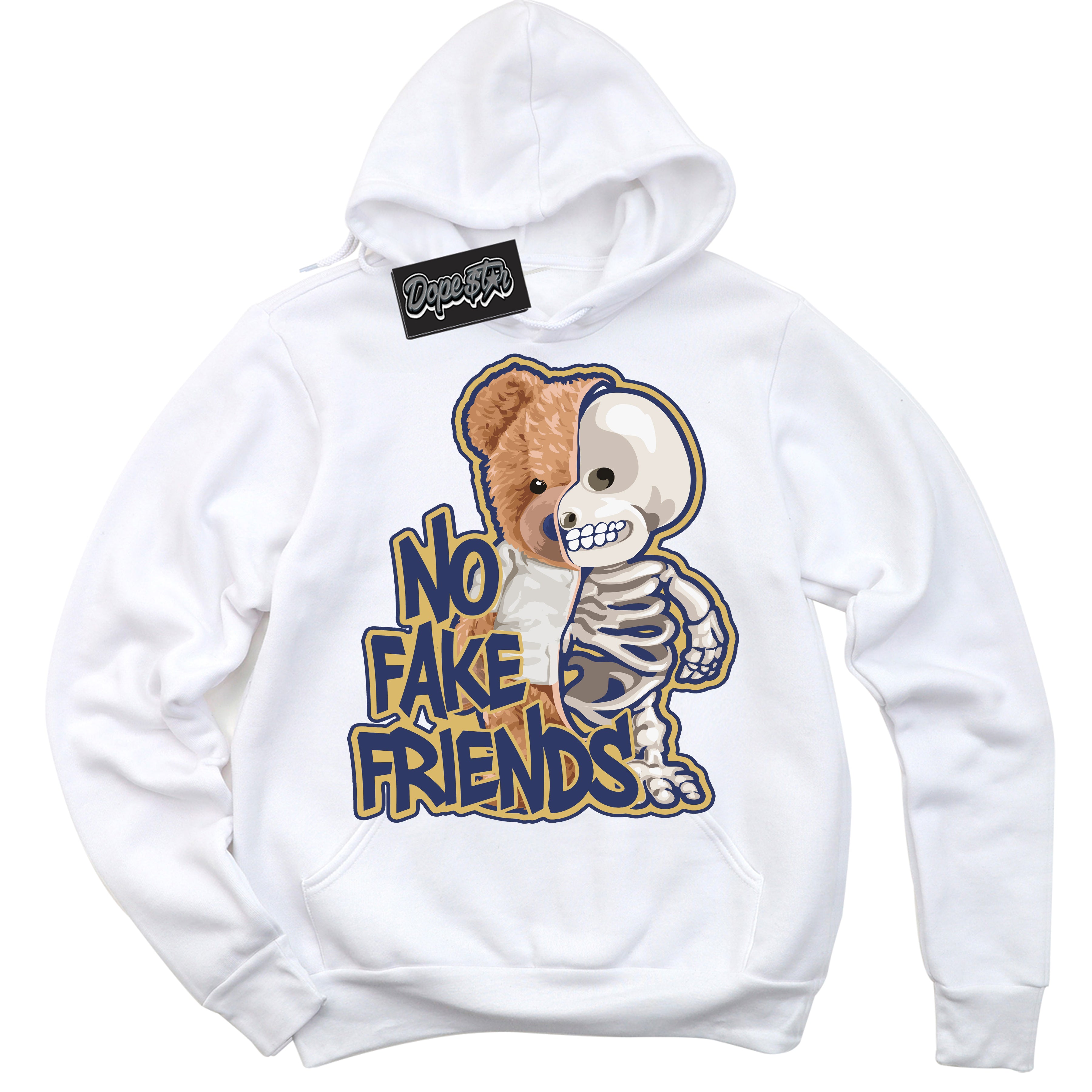 AJ1 Low Method of Make Midnight Navy Metallic Gold ‘No Fake Friends – White Streetwear Hoodie | Sneaker Matching sweatshirt for AJ1 Low Method of Make Midnight Navy Metallic Gold | Graphic Hoodie for Men & Women Streetwear by Sneaker Shirts Outlet.