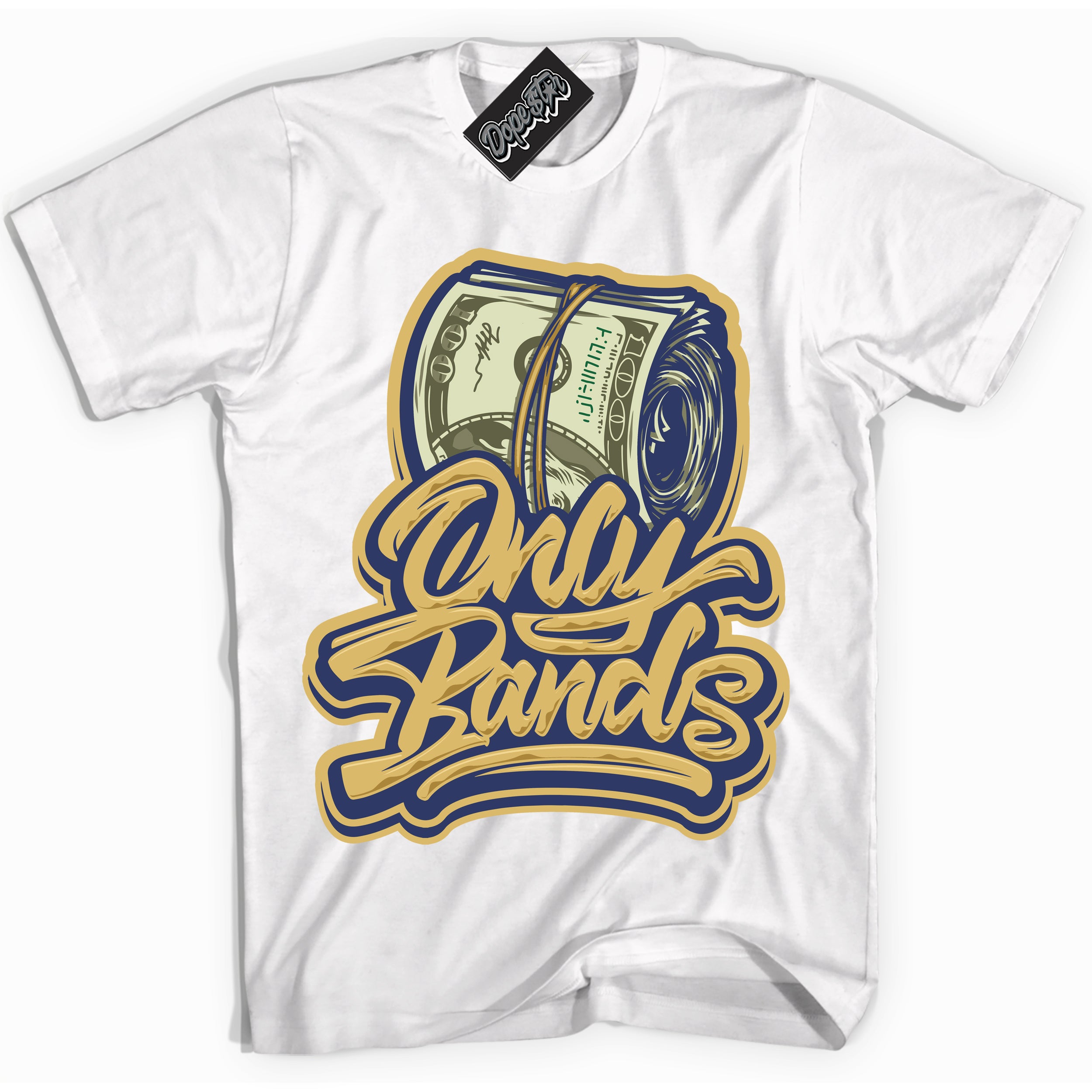 AJ1 Low Method of Make Midnight Navy Metallic Gold ‘Only Bands – White Streetwear T-Shirt | Sneaker Matching shirt for AJ1 Low Method of Make Midnight Navy Metallic Gold | Graphic Tee for Men & Women Streetwear by Sneaker Shirts Outlet.