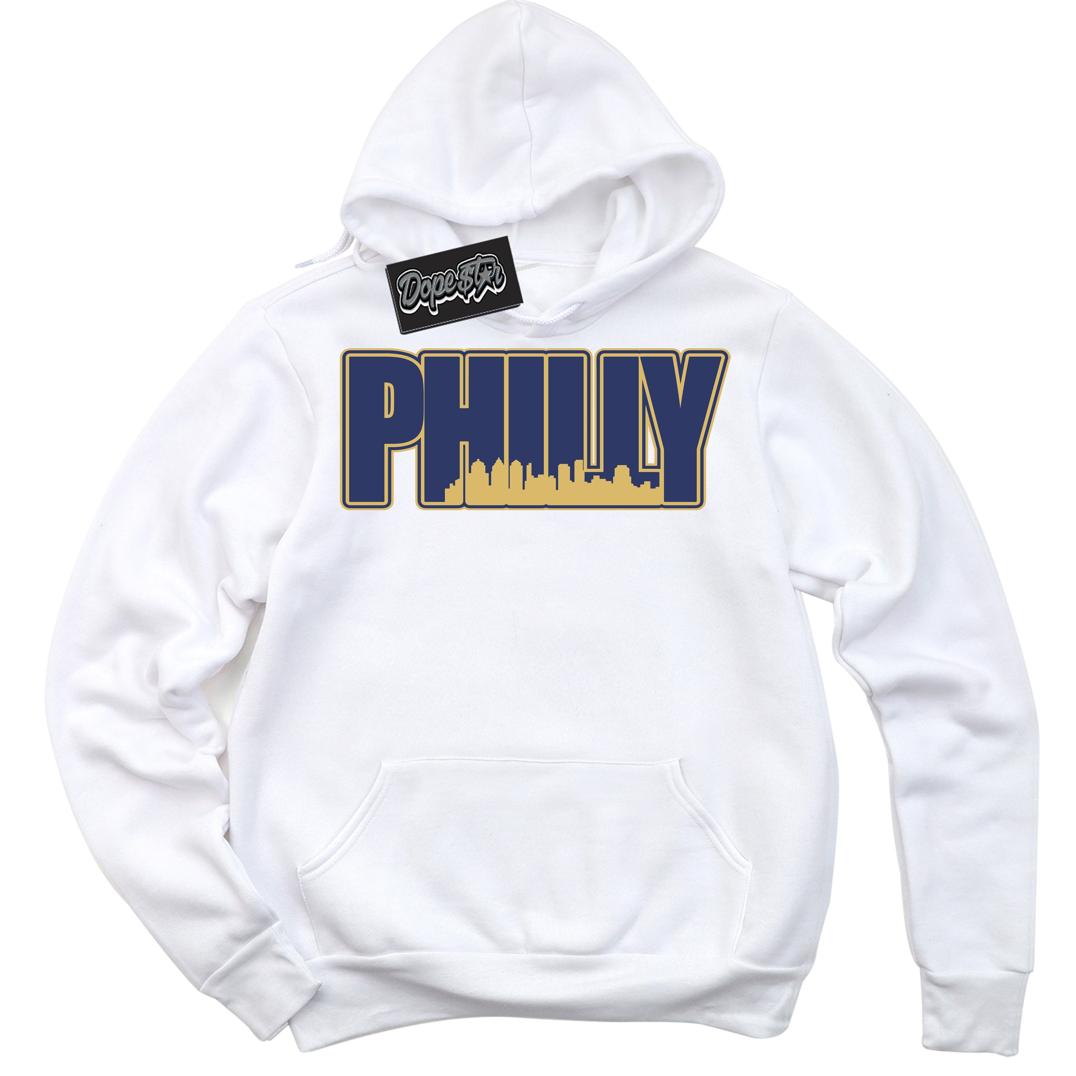 AJ1 Low Method of Make Midnight Navy Metallic Gold ‘Philly – White Streetwear Hoodie | Sneaker Matching sweatshirt for AJ1 Low Method of Make Midnight Navy Metallic Gold | Graphic Hoodie for Men & Women Streetwear by Sneaker Shirts Outlet.