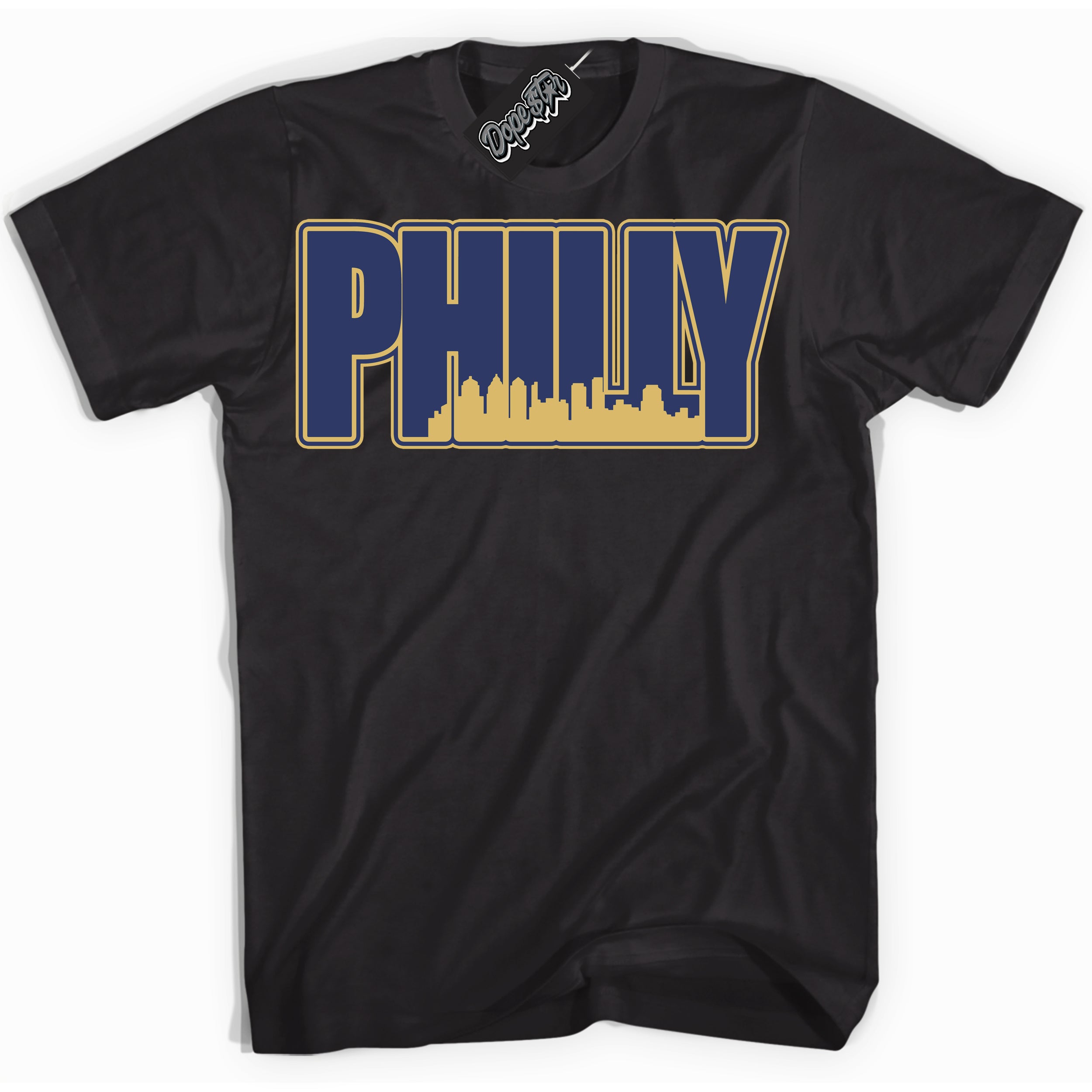 AJ1 Low Method of Make Midnight Navy Metallic Gold ‘Philly – Black Streetwear T-Shirt | Sneaker Matching shirt for AJ1 Low Method of Make Midnight Navy Metallic Gold | Graphic Tee for Men & Women Streetwear by Sneaker Shirts Outlet.