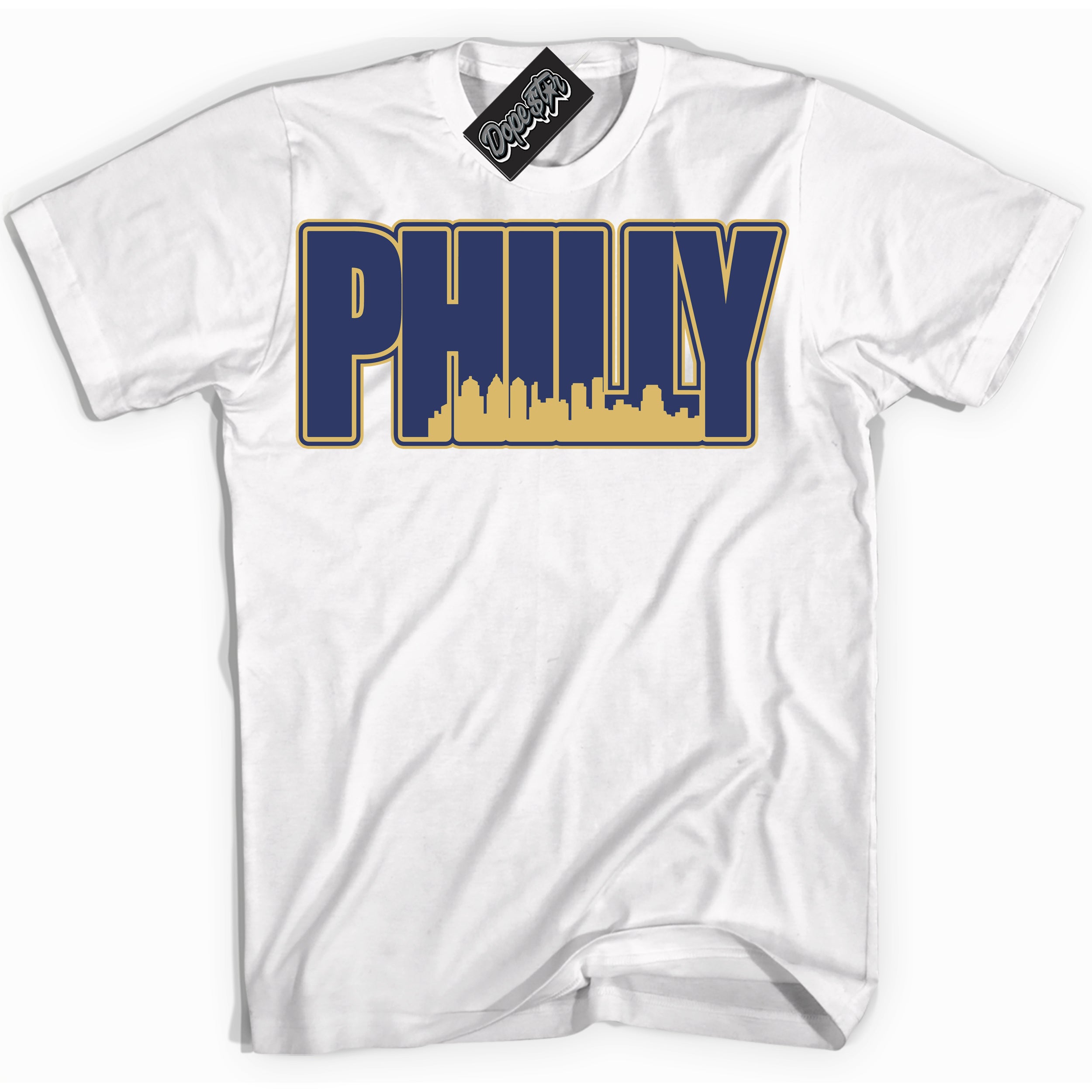 AJ1 Low Method of Make Midnight Navy Metallic Gold ‘Philly – White Streetwear T-Shirt | Sneaker Matching shirt for AJ1 Low Method of Make Midnight Navy Metallic Gold | Graphic Tee for Men & Women Streetwear by Sneaker Shirts Outlet.