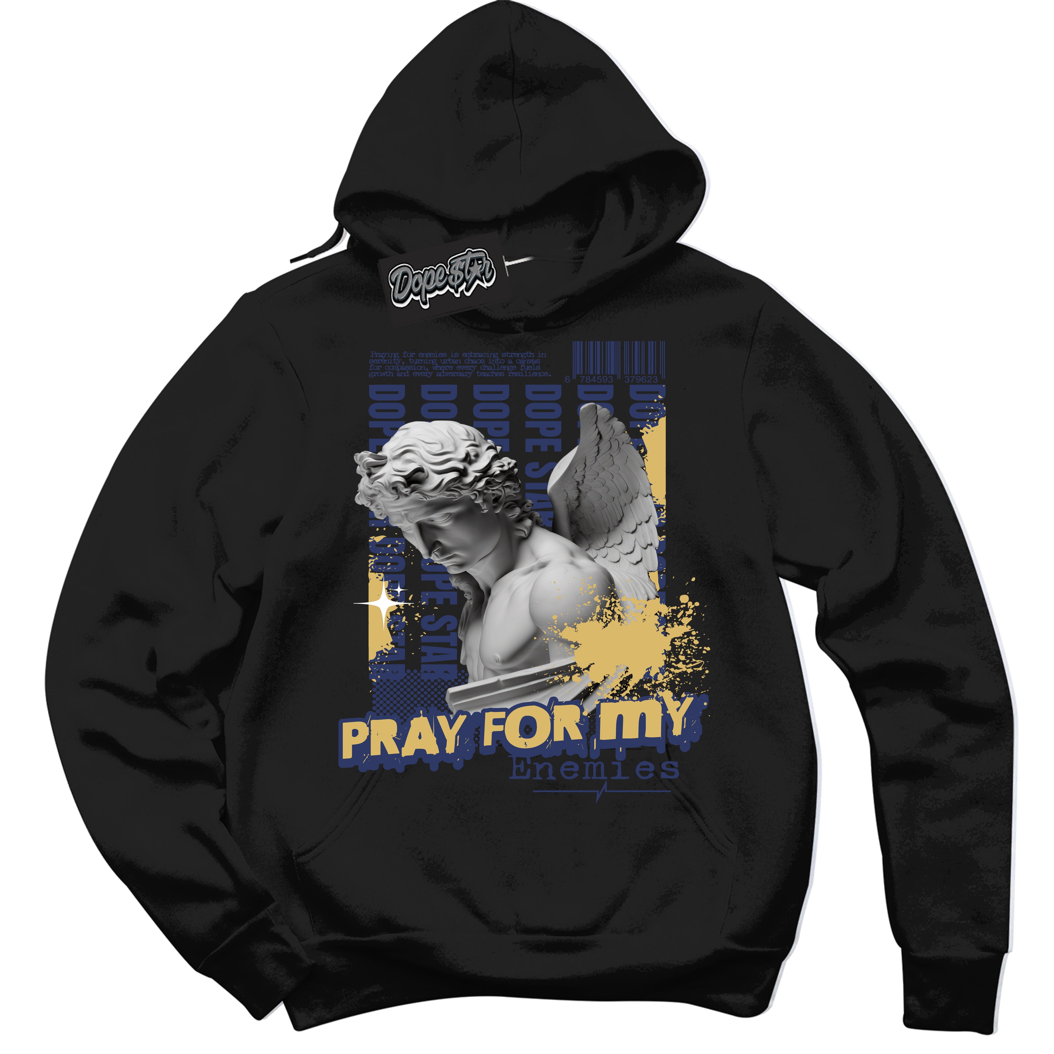 AJ1 Low Method of Make Midnight Navy Metallic Gold ‘Pray Enemies – Black Streetwear Hoodie | Sneaker Matching sweatshirt for AJ1 Low Method of Make Midnight Navy Metallic Gold | Graphic Hoodie for Men & Women Streetwear by Sneaker Shirts Outlet.