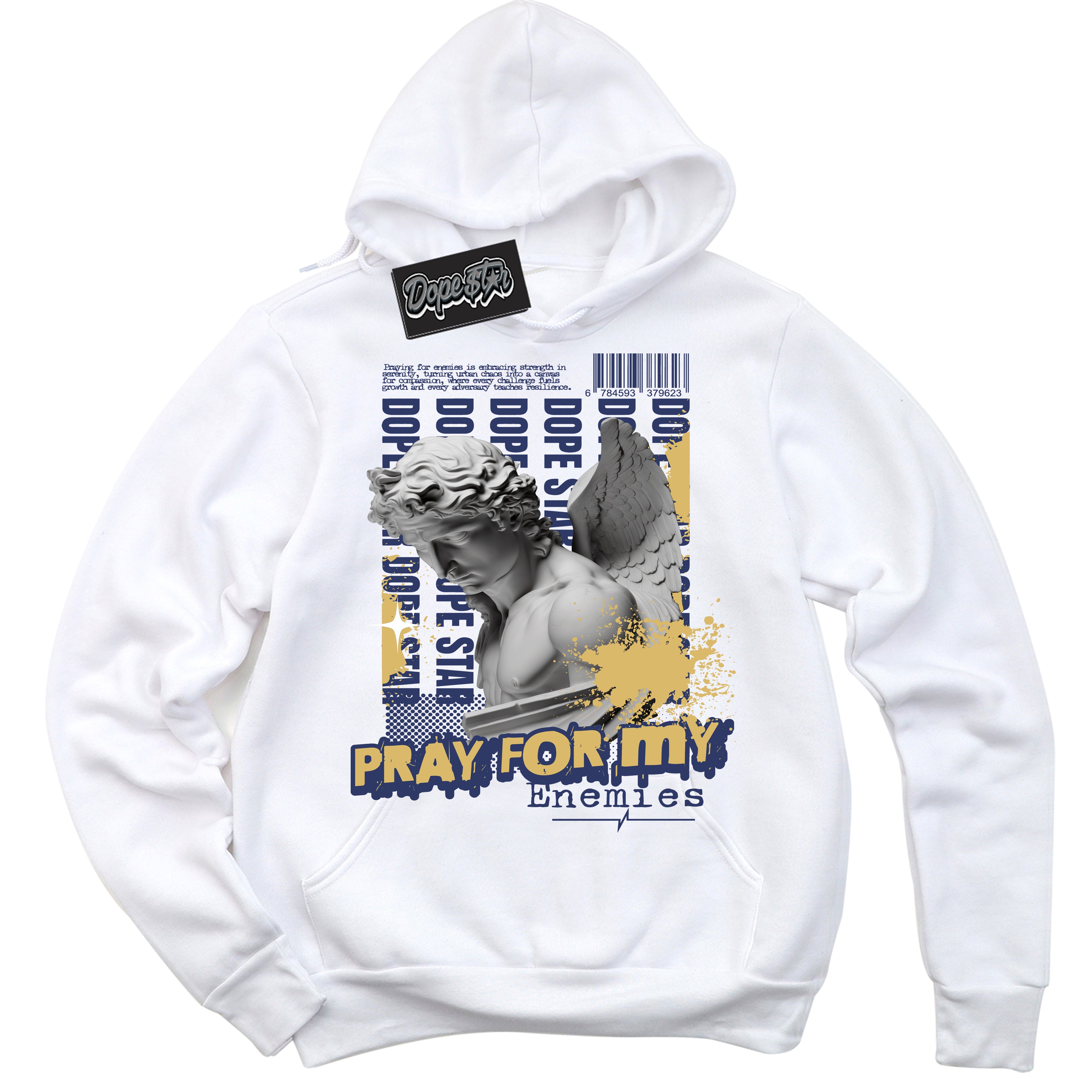 AJ1 Low Method of Make Midnight Navy Metallic Gold ‘Pray Enemies – White Streetwear Hoodie | Sneaker Matching sweatshirt for AJ1 Low Method of Make Midnight Navy Metallic Gold | Graphic Hoodie for Men & Women Streetwear by Sneaker Shirts Outlet.