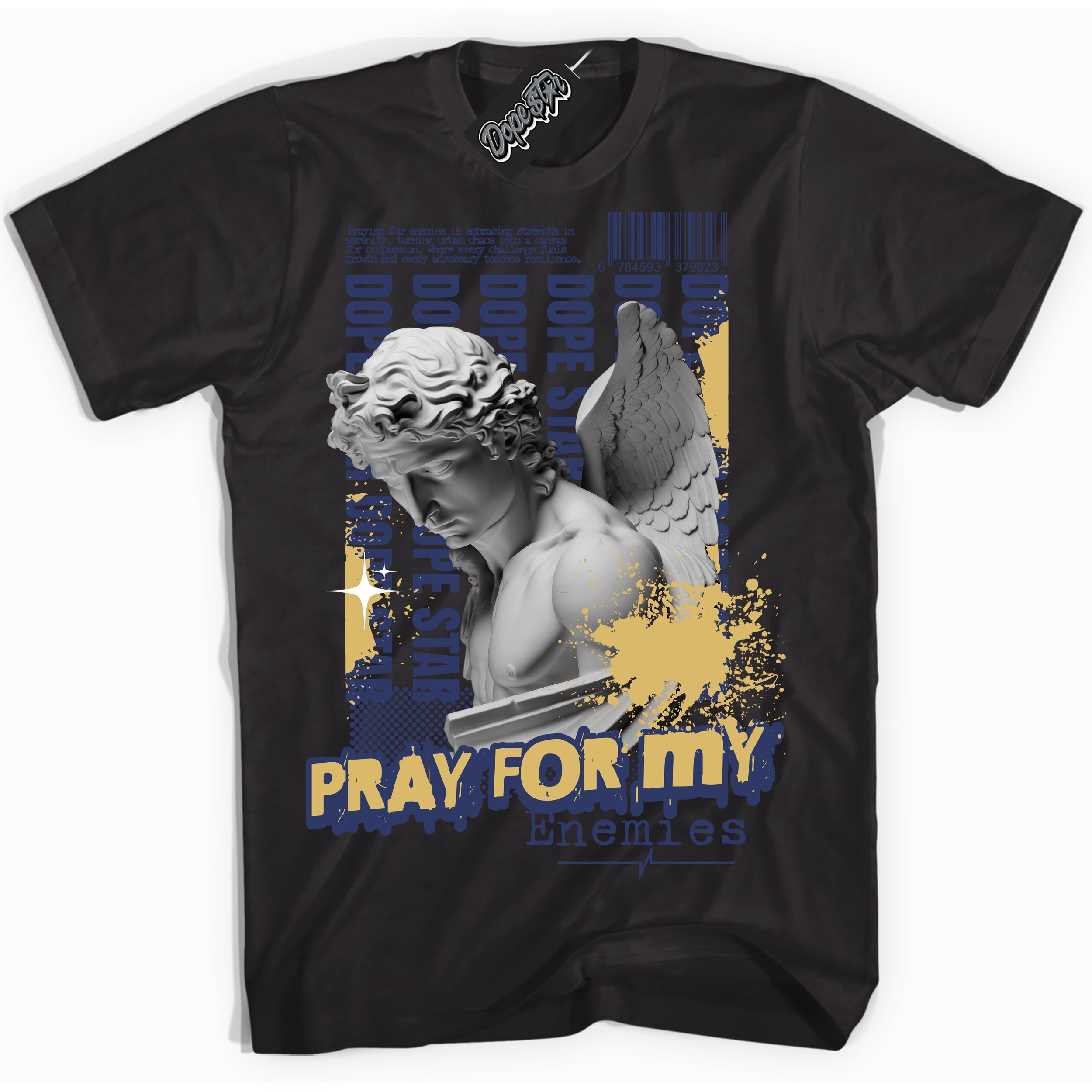 AJ1 Low Method of Make Midnight Navy Metallic Gold ‘Pray Enemies – Black Streetwear T-Shirt | Sneaker Matching shirt for AJ1 Low Method of Make Midnight Navy Metallic Gold | Graphic Tee for Men & Women Streetwear by Sneaker Shirts Outlet.