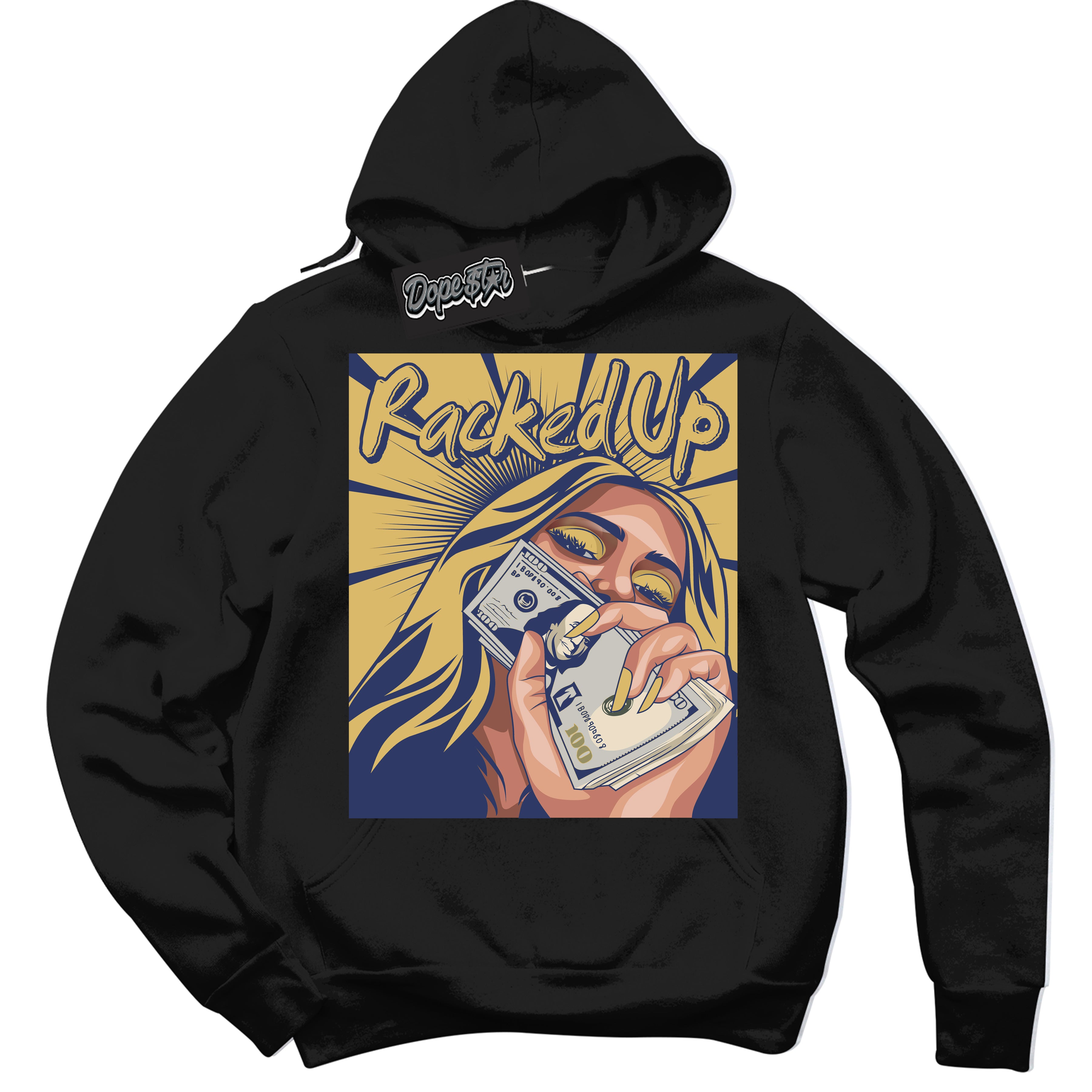 AJ1 Low Method of Make Midnight Navy Metallic Gold ‘Racked Up – Black Streetwear Hoodie | Sneaker Matching sweatshirt for AJ1 Low Method of Make Midnight Navy Metallic Gold | Graphic Hoodie for Men & Women Streetwear by Sneaker Shirts Outlet.