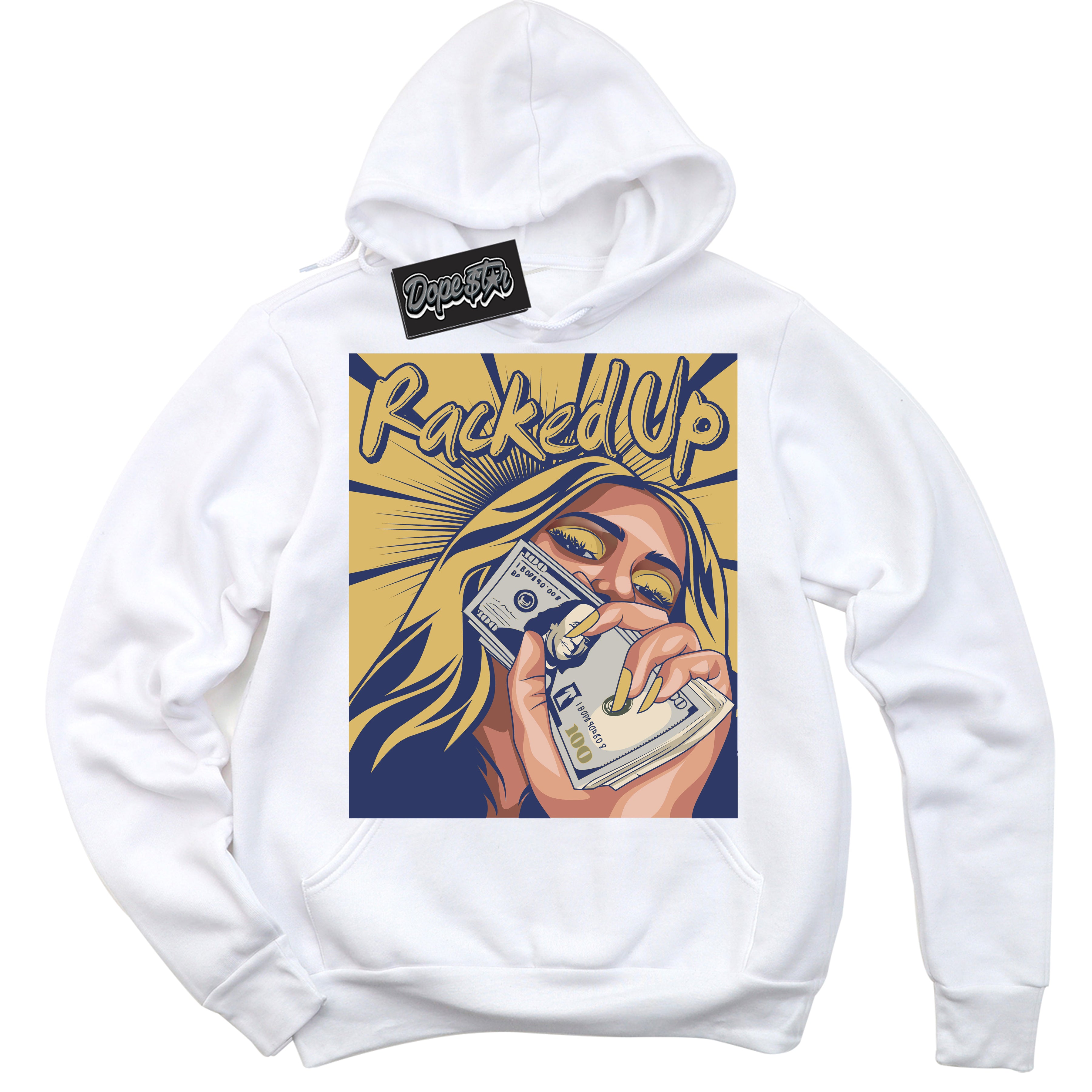 AJ1 Low Method of Make Midnight Navy Metallic Gold ‘Racked Up – White Streetwear Hoodie | Sneaker Matching sweatshirt for AJ1 Low Method of Make Midnight Navy Metallic Gold | Graphic Hoodie for Men & Women Streetwear by Sneaker Shirts Outlet.