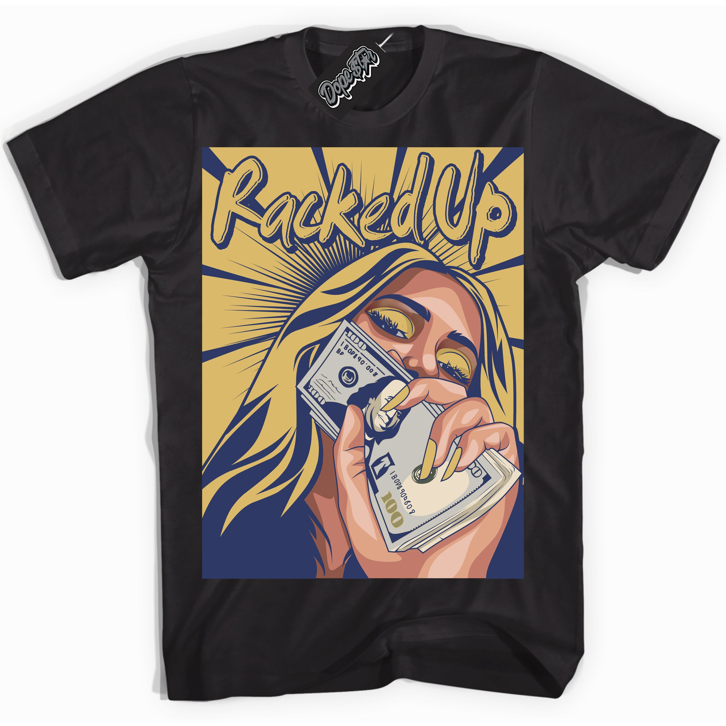 AJ1 Low Method of Make Midnight Navy Metallic Gold ‘Racked Up – Black Streetwear T-Shirt | Sneaker Matching shirt for AJ1 Low Method of Make Midnight Navy Metallic Gold | Graphic Tee for Men & Women Streetwear by Sneaker Shirts Outlet.