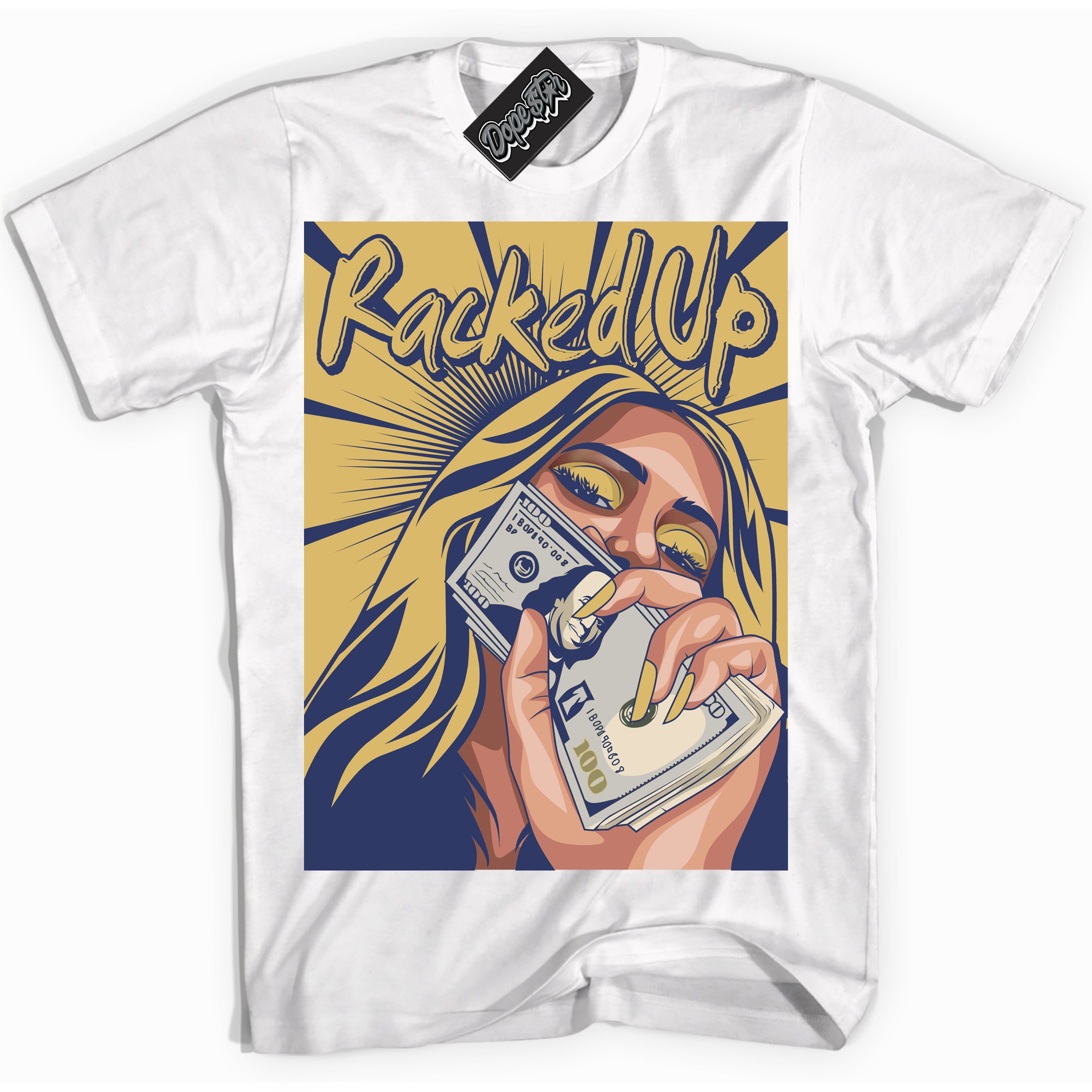 AJ1 Low Method of Make Midnight Navy Metallic Gold ‘Racked Up – White Streetwear T-Shirt | Sneaker Matching shirt for AJ1 Low Method of Make Midnight Navy Metallic Gold | Graphic Tee for Men & Women Streetwear by Sneaker Shirts Outlet.