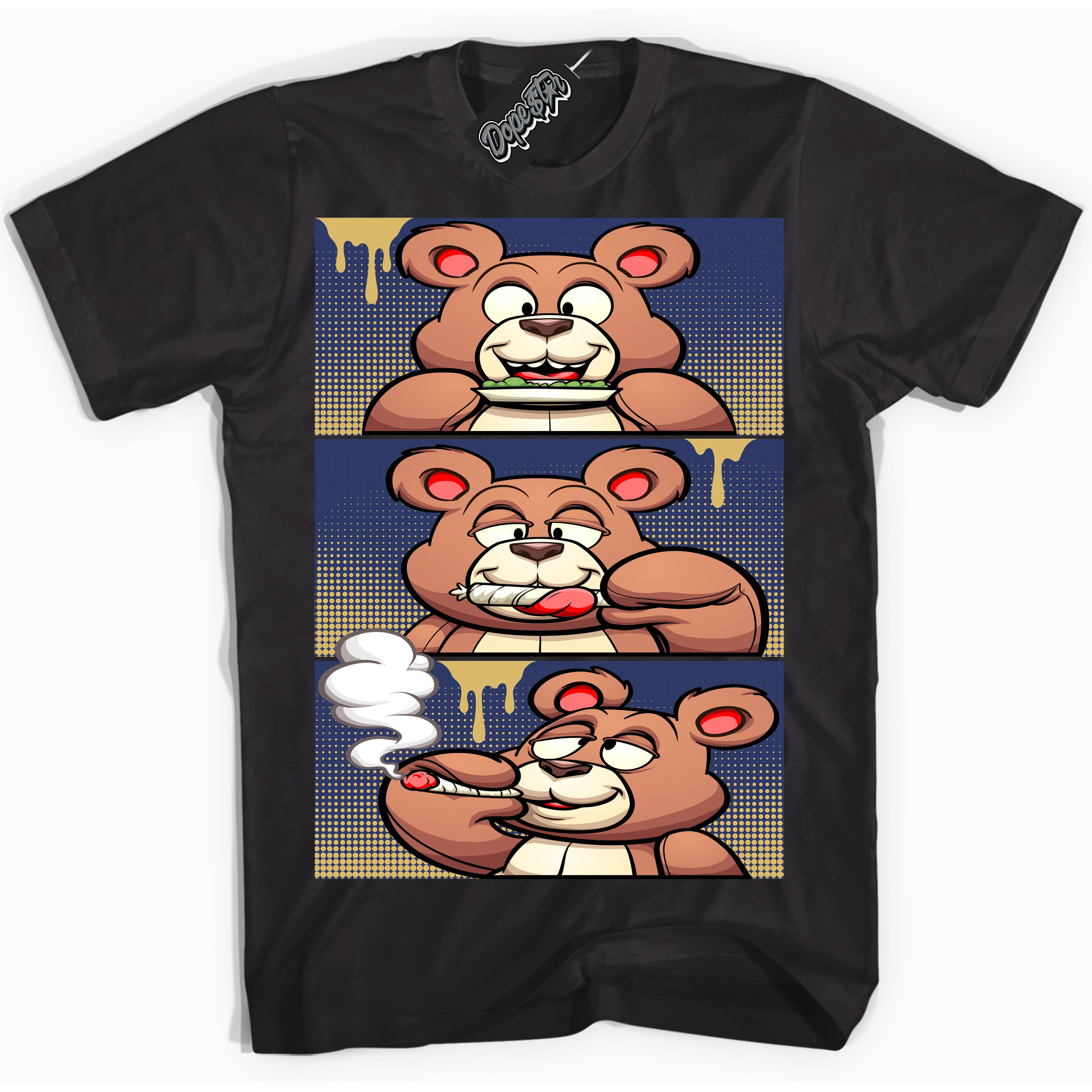 AJ1 Low Method of Make Midnight Navy Metallic Gold ‘Roll It Lick It Smoke It Bear – Black Streetwear T-Shirt | Sneaker Matching shirt for AJ1 Low Method of Make Midnight Navy Metallic Gold | Graphic Tee for Men & Women Streetwear by Sneaker Shirts Outlet.