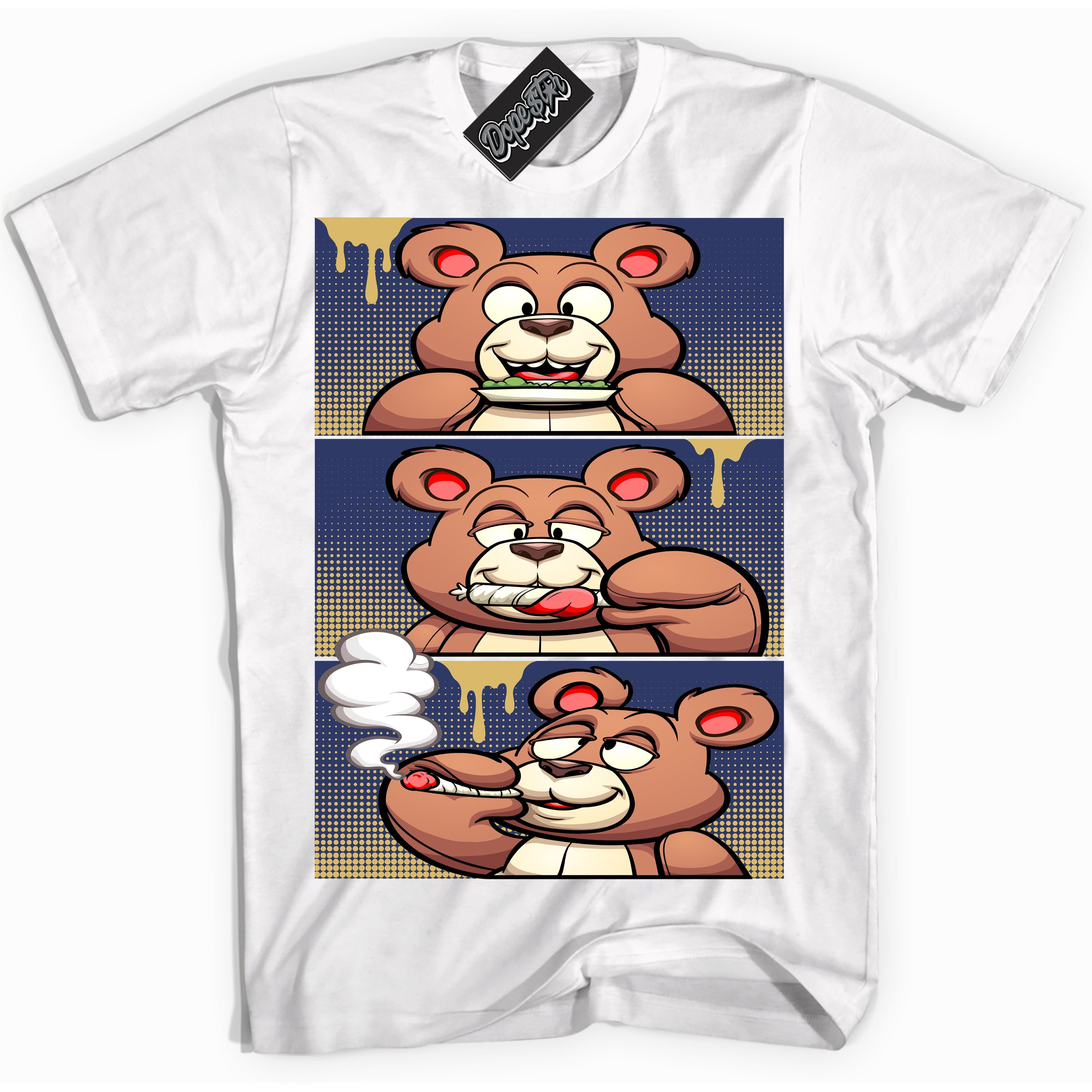 AJ1 Low Method of Make Midnight Navy Metallic Gold ‘Roll It Lick It Smoke It Bear – White Streetwear T-Shirt | Sneaker Matching shirt for AJ1 Low Method of Make Midnight Navy Metallic Gold | Graphic Tee for Men & Women Streetwear by Sneaker Shirts Outlet.