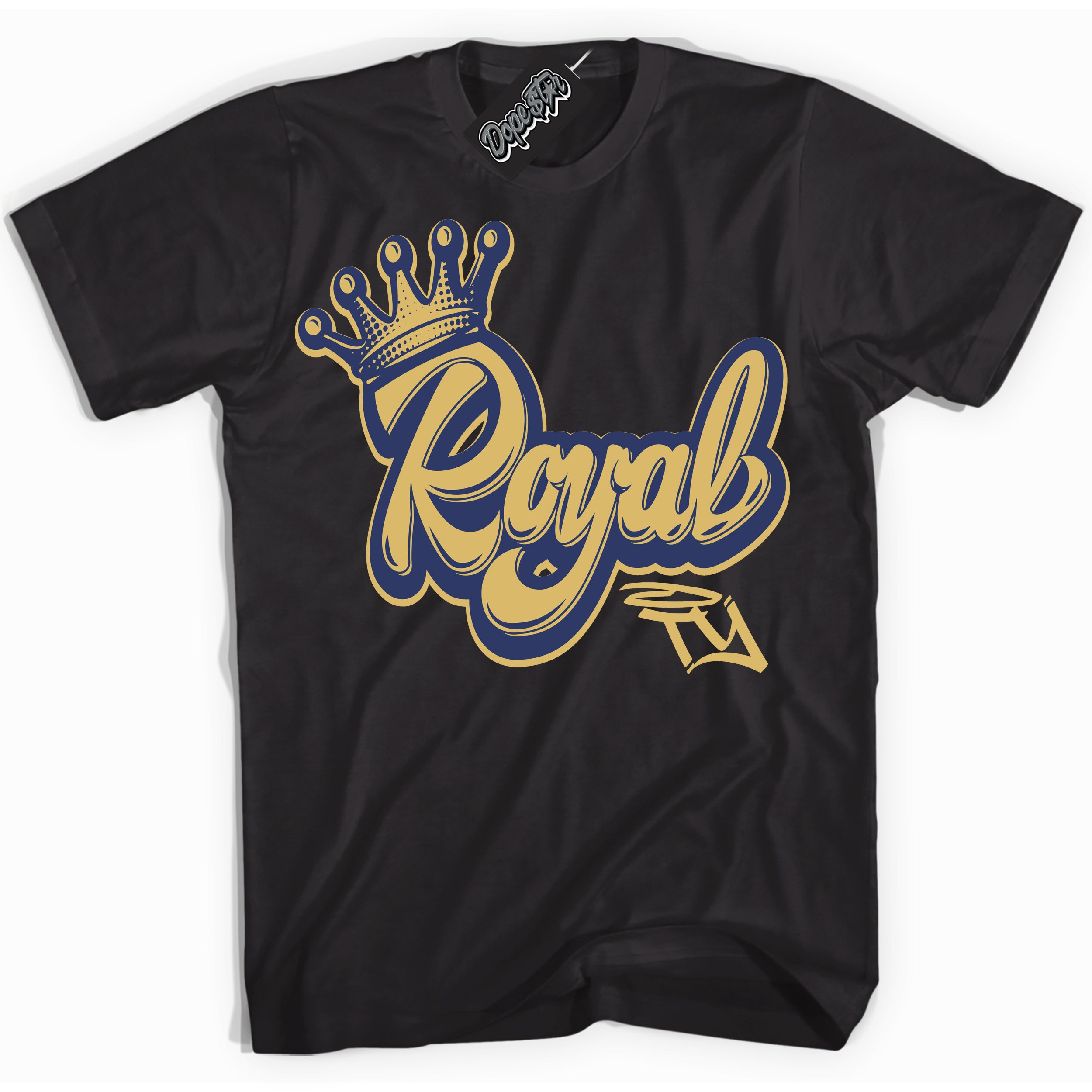 AJ1 Low Method of Make Midnight Navy Metallic Gold ‘Royalty – Black Streetwear T-Shirt | Sneaker Matching shirt for AJ1 Low Method of Make Midnight Navy Metallic Gold | Graphic Tee for Men & Women Streetwear by Sneaker Shirts Outlet.