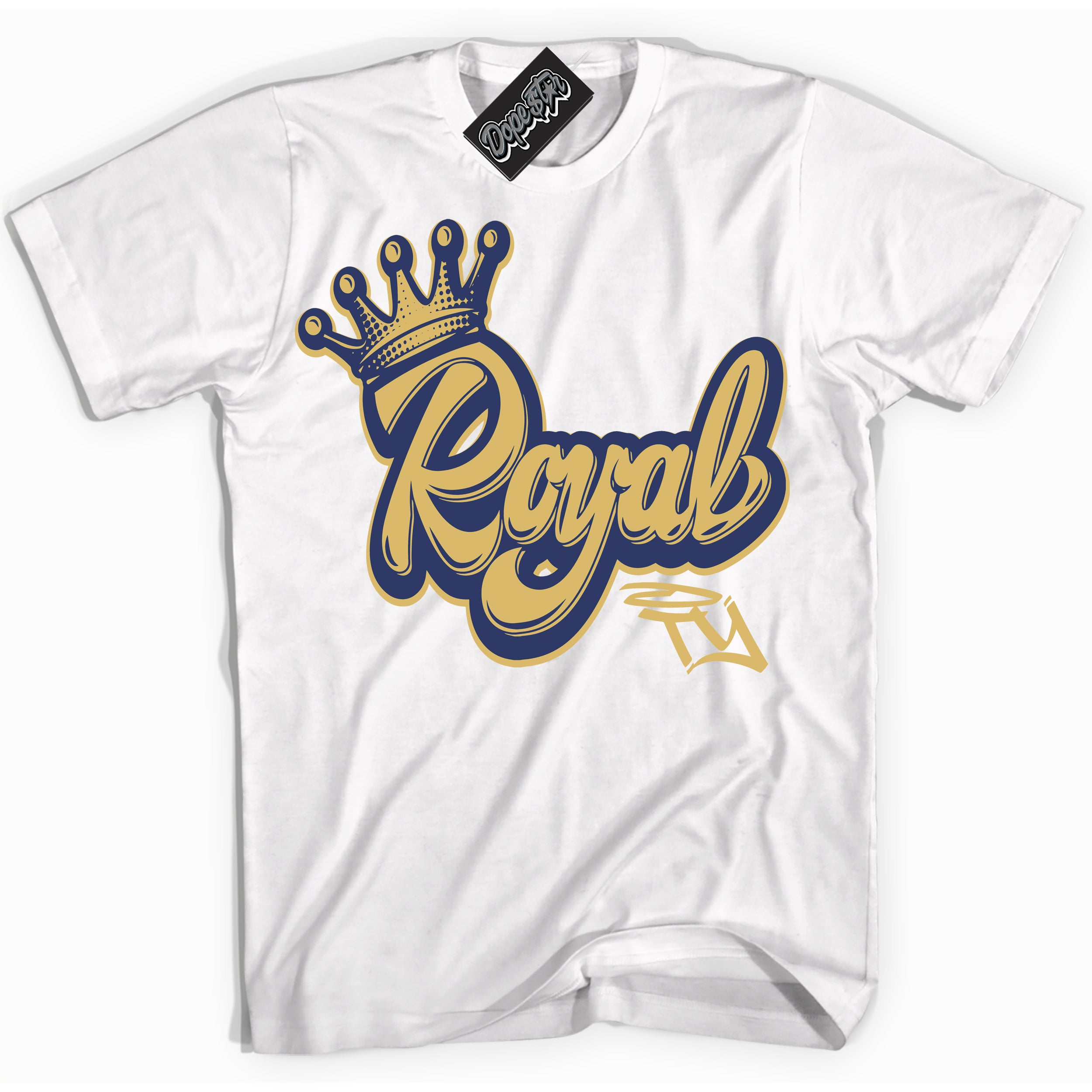 AJ1 Low Method of Make Midnight Navy Metallic Gold ‘Royalty – White Streetwear T-Shirt | Sneaker Matching shirt for AJ1 Low Method of Make Midnight Navy Metallic Gold | Graphic Tee for Men & Women Streetwear by Sneaker Shirts Outlet.