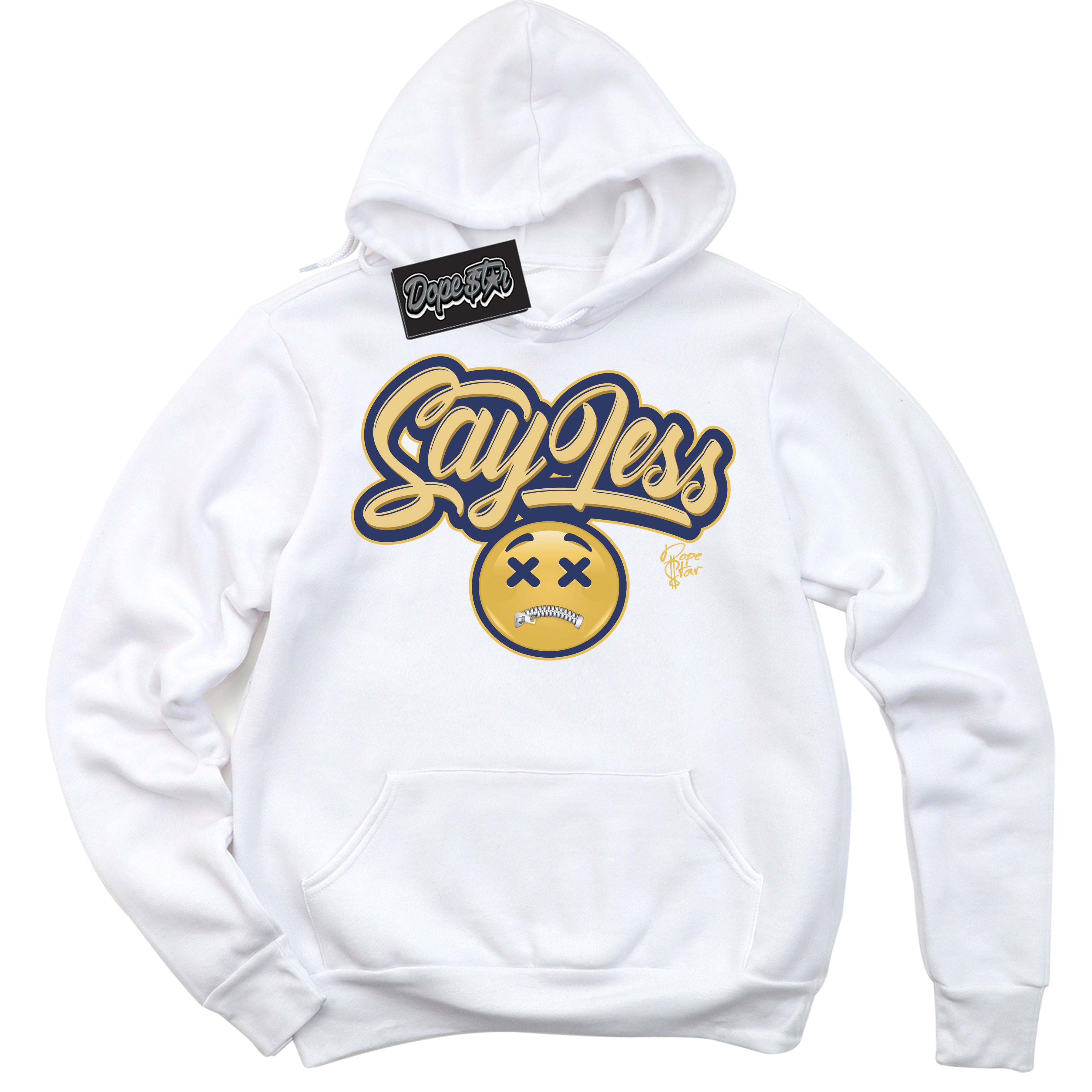 AJ1 Low Method of Make Midnight Navy Metallic Gold ‘Say Less – White Streetwear Hoodie | Sneaker Matching sweatshirt for AJ1 Low Method of Make Midnight Navy Metallic Gold | Graphic Hoodie for Men & Women Streetwear by Sneaker Shirts Outlet.