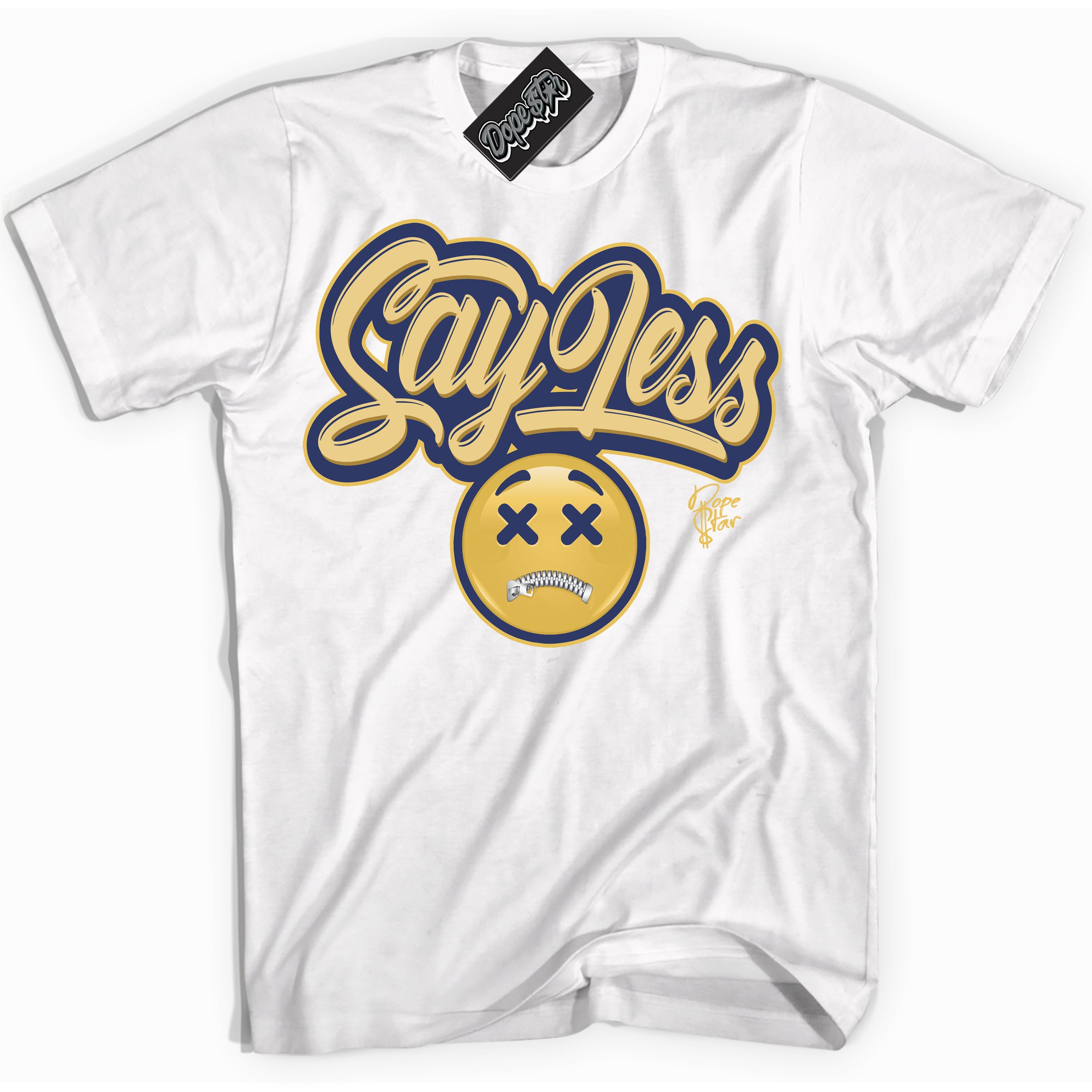 AJ1 Low Method of Make Midnight Navy Metallic Gold ‘Say Less – White Streetwear T-Shirt | Sneaker Matching shirt for AJ1 Low Method of Make Midnight Navy Metallic Gold | Graphic Tee for Men & Women Streetwear by Sneaker Shirts Outlet.