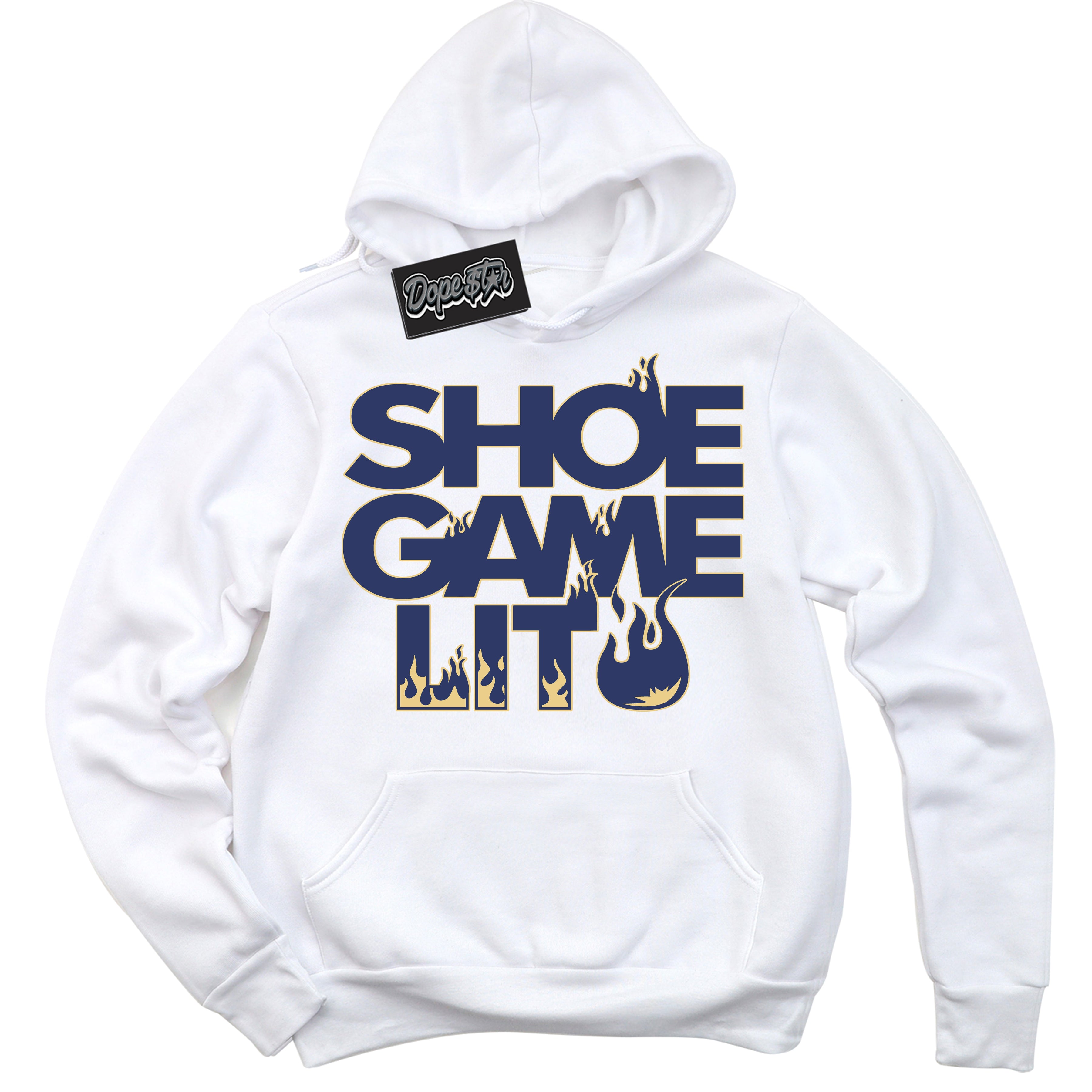 AJ1 Low Method of Make Midnight Navy Metallic Gold ‘Shoe Game Lit – White Streetwear Hoodie | Sneaker Matching sweatshirt for AJ1 Low Method of Make Midnight Navy Metallic Gold | Graphic Hoodie for Men & Women Streetwear by Sneaker Shirts Outlet.